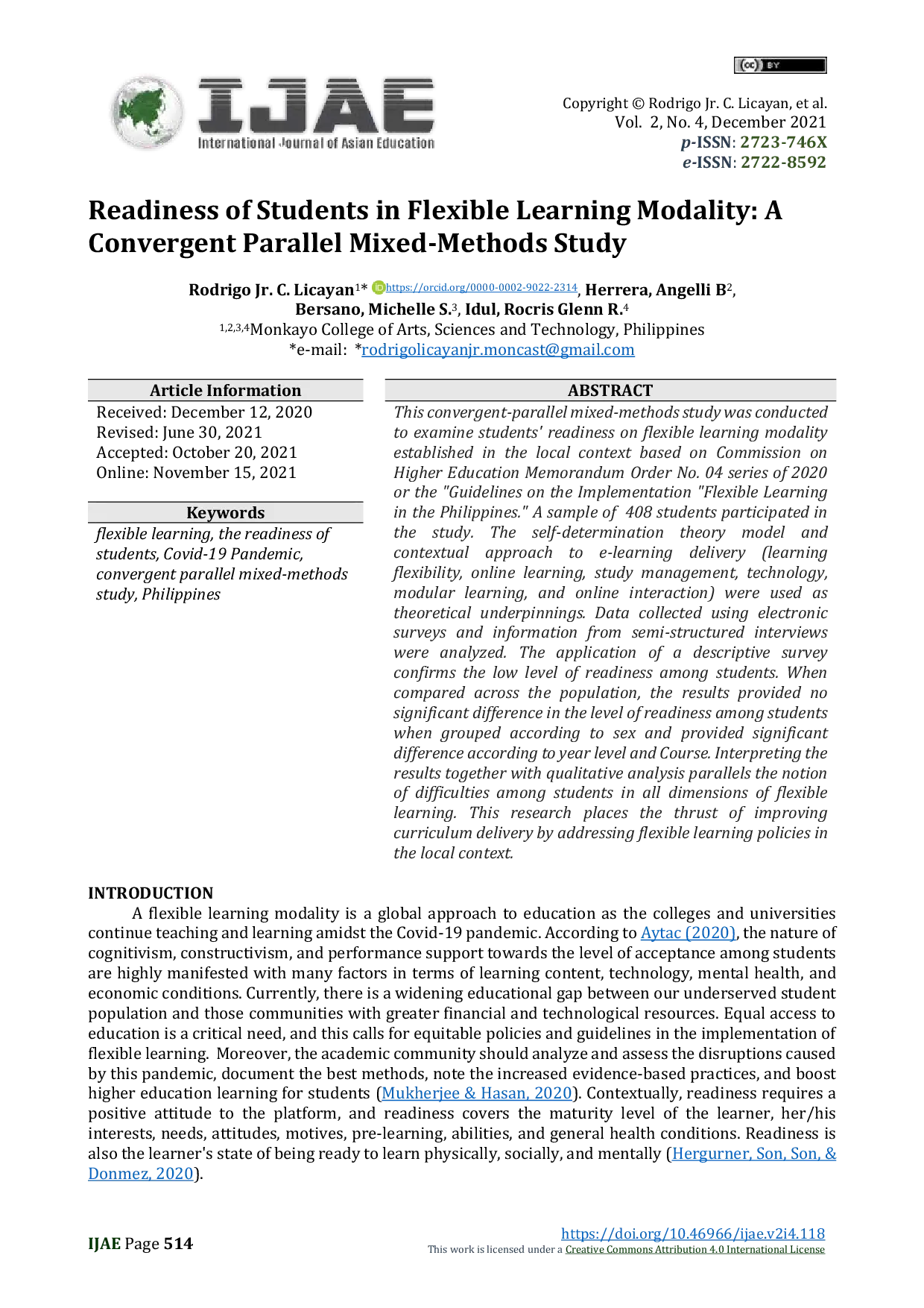 JURIS Readiness of Students in Flexible Learning Modality A Convergent Parallel Mixed Methods Study