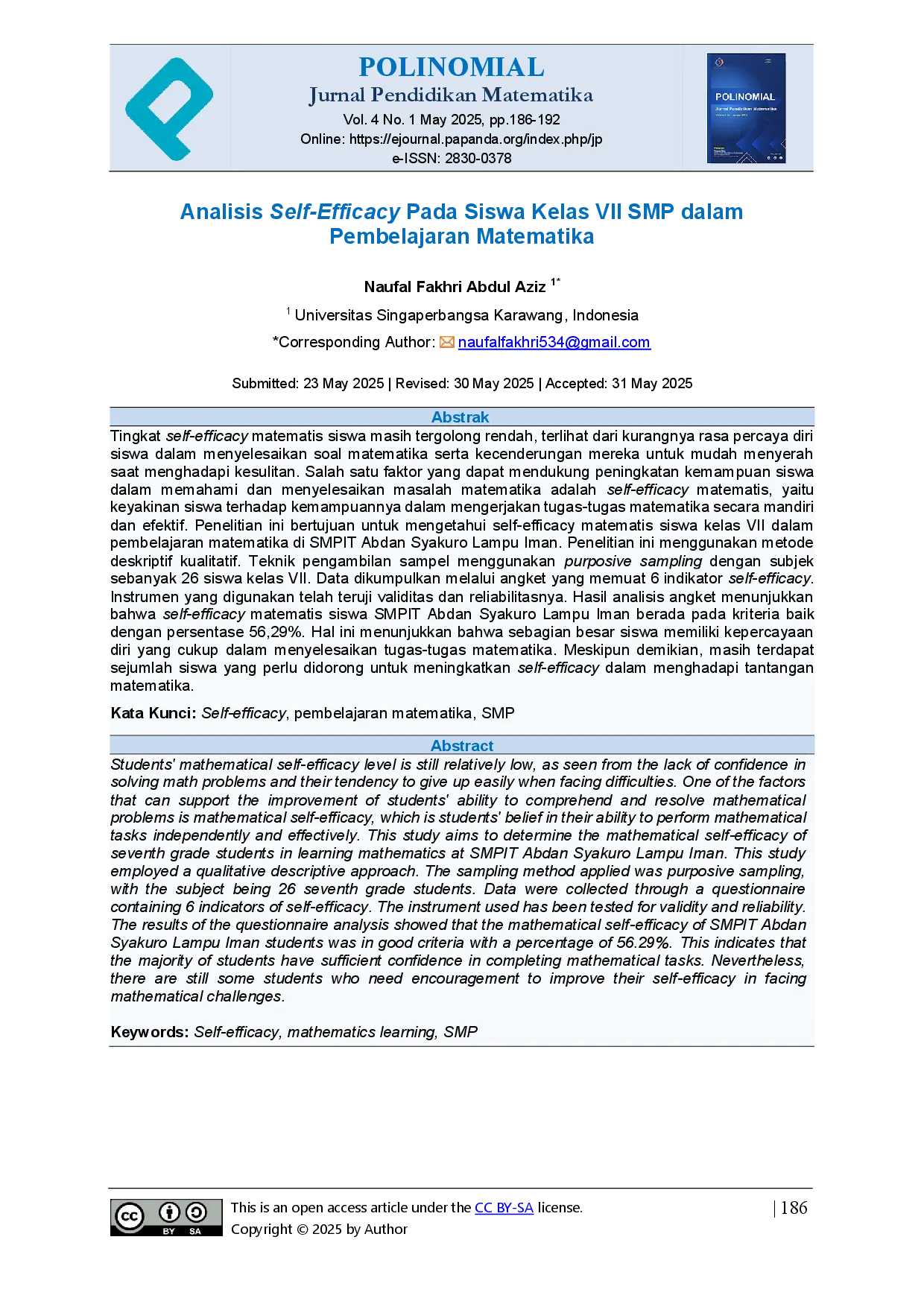 juris Analisis Self Efficacy pada Siswa Kelas VII SMP dalam Pembelajaran Matematika