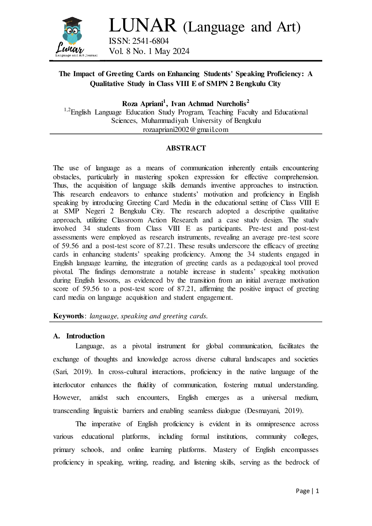JURIS The Impact of Greeting Cards on Enhancing Students Speaking Proficiency A Qualitative Study in Class VIII E of SMPN 2 Bengkulu City
