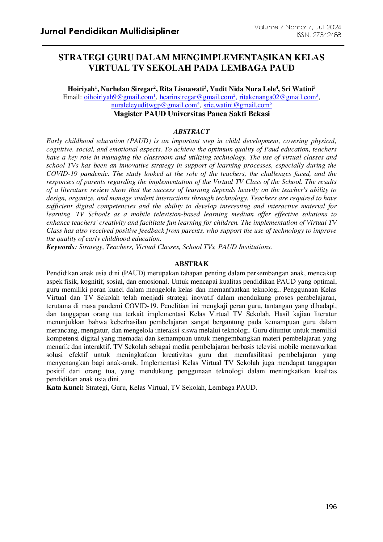 juris Strategi Guru Dalam Mengimplementasikan Kelas Virtual TV Sekolah Pada Lembaga PAUD