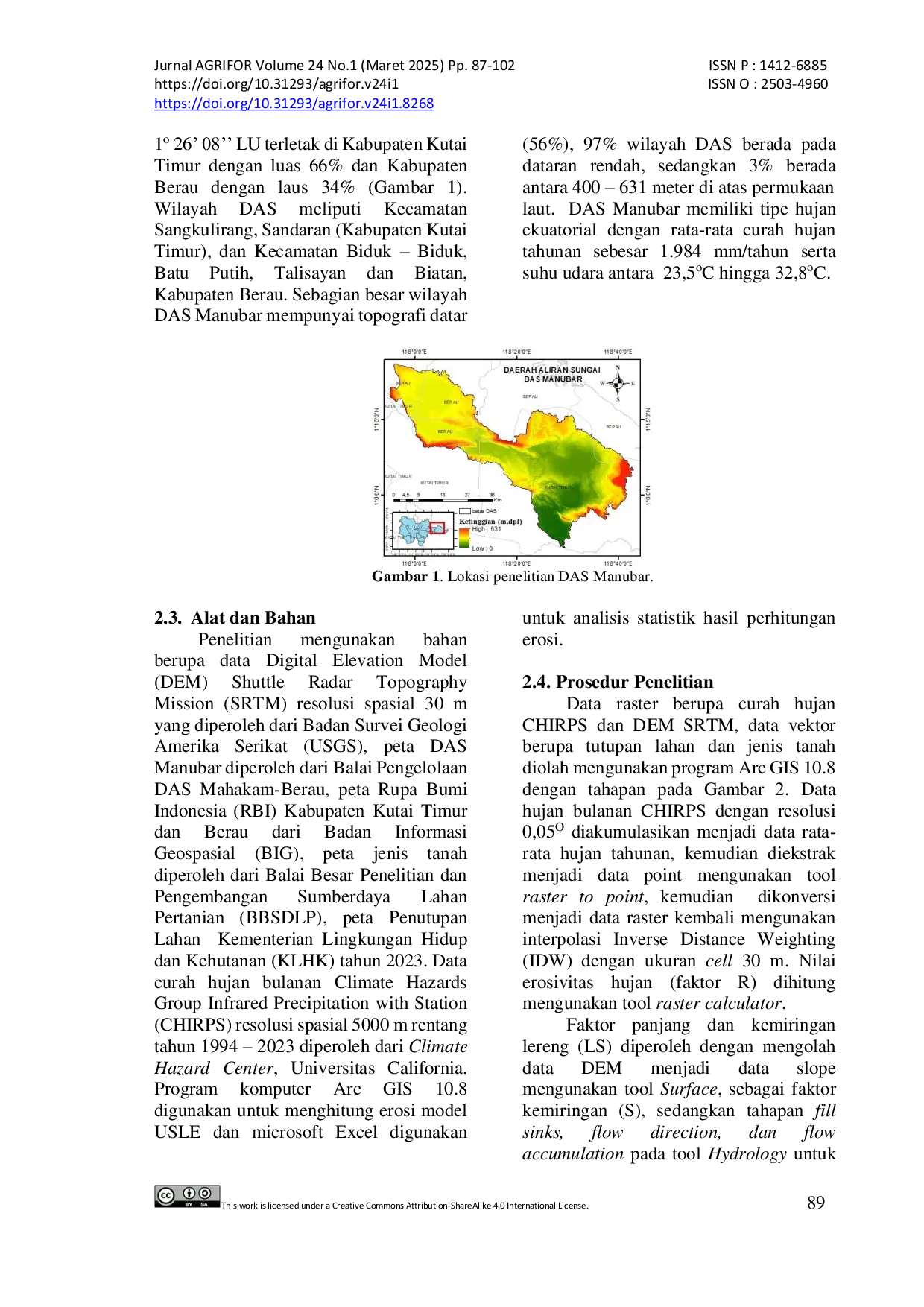 JURIS Analisis Tingkat Bahaya Erosi DAS Manubar Kabupaten Kutai Timur Menggunakan Model USLE dan Aplikasi Sistem Informasi Geografis