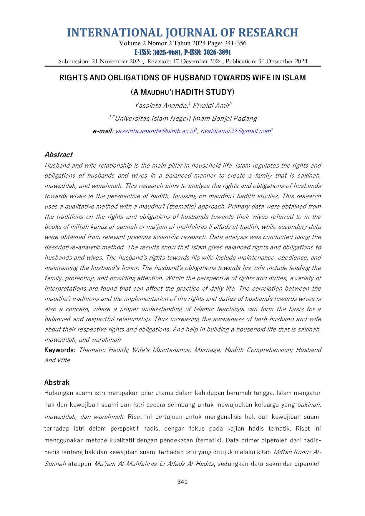 JURIS Hak Dan Kewajiban Suami Terhadap Istri Dalam Islam Studi Hadis Maudhu i