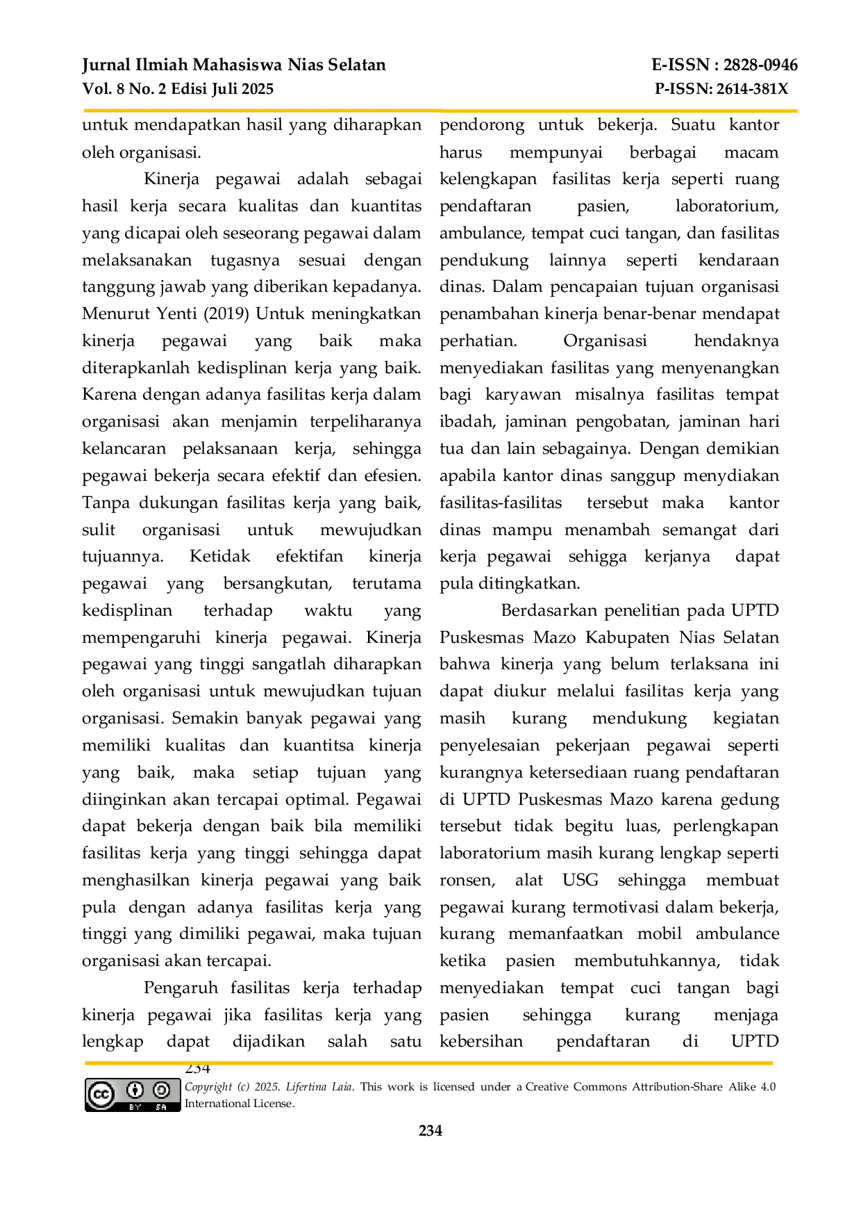 JURIS Pengaruh Fasilitas Kerja Terhadap Kinerja Pegawai Di Uptd Puskesmas Mazo Kabupaten Nias Selatan
