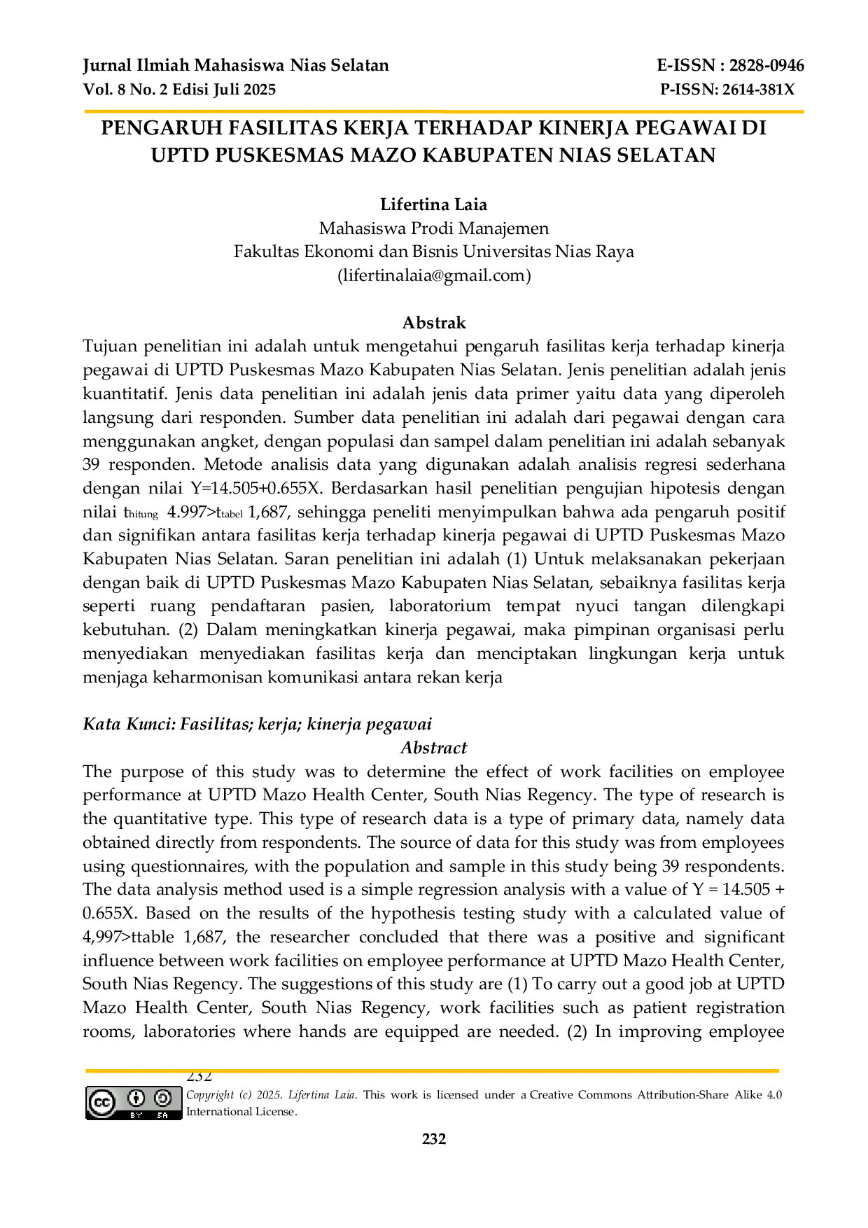 JURIS Pengaruh Fasilitas Kerja Terhadap Kinerja Pegawai Di Uptd Puskesmas Mazo Kabupaten Nias Selatan