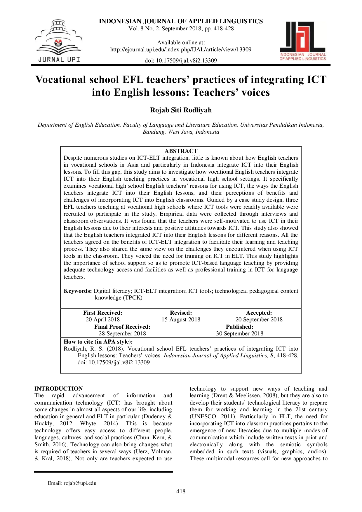 JURIS Vocational school EFL teachers practices of integrating ICT into English lessons Teachers voices