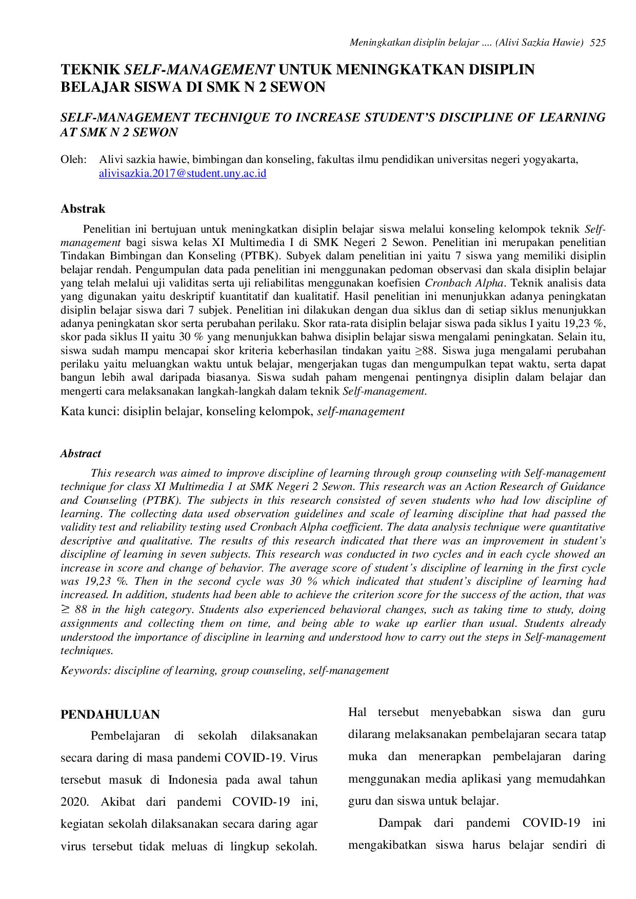 JURIS Teknik Self Management Untuk Meningkatkan Disiplin Belajar Siswa Di Smk N 2 Sewon