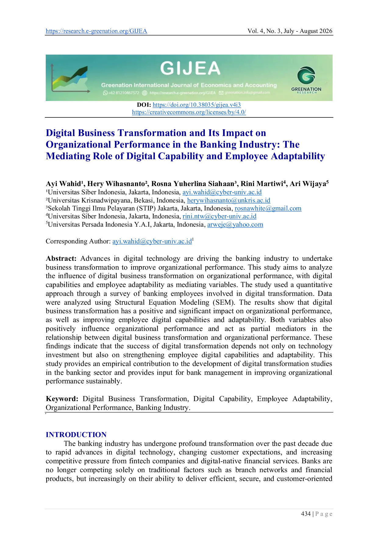 JURIS Digital Business Transformation and Its Impact on Organizational Performance in the Banking Industry The Mediating Role of Digital Capability and Employee Adaptability