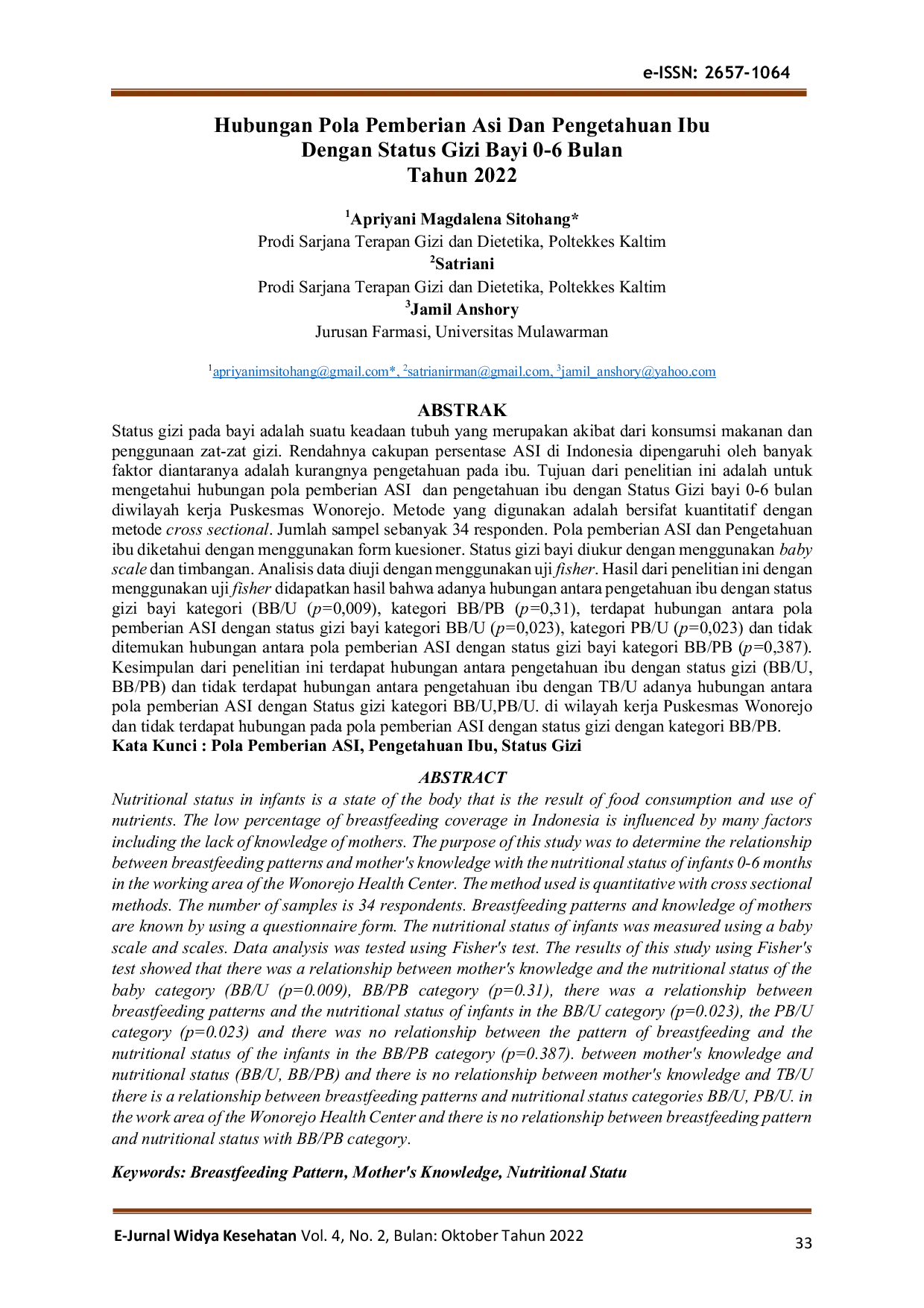 JURIS Hubungan Pola Pemberian Asi Dan Pengetahuan Ibu Dengan Status Gizi Bayi 0 6 Bulan Tahun 2022