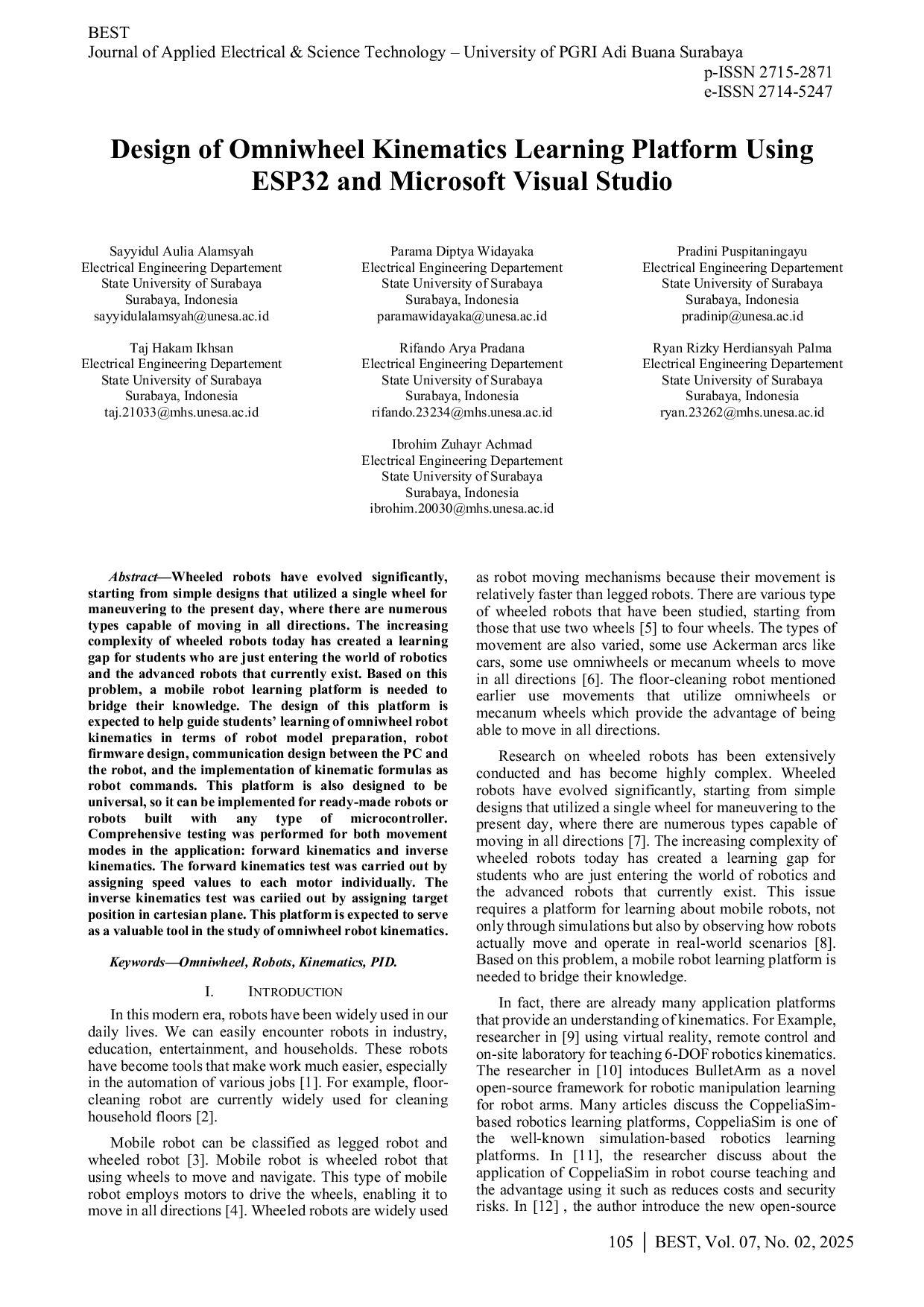 JURIS Design of Omniwheel Kinematics Learning Platform using ESP32 and Microsoft Visual Studio
