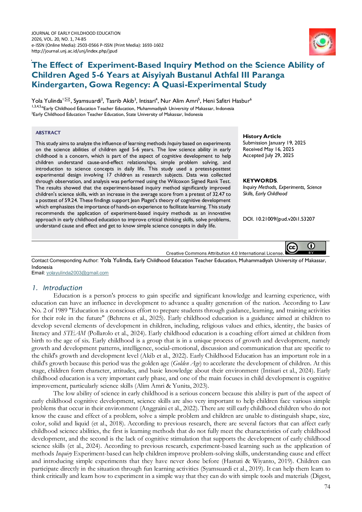 JURIS The Effect of Experiment Based Inquiry Method on the Science Ability of Children Aged 5 6 Years at Aisyiyah Bustanul Athfal III Paranga Kindergarten Gowa Regency A Quasi Experimental Study