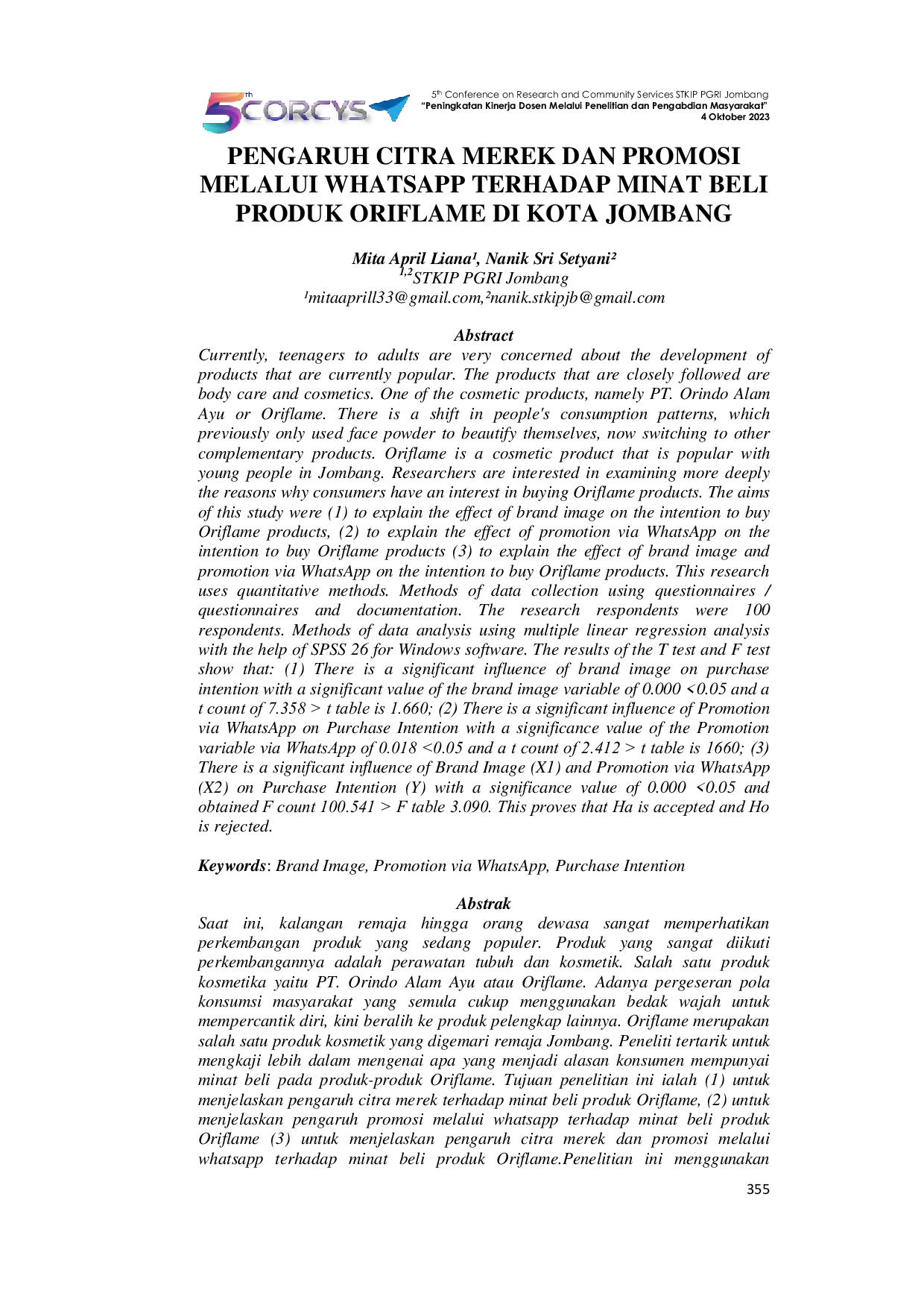 JURIS Pengaruh Citra Merek dan Promosi Melalui WhatsApp Terhadap Minat Beli Produk Oriflame di Kota Jombang