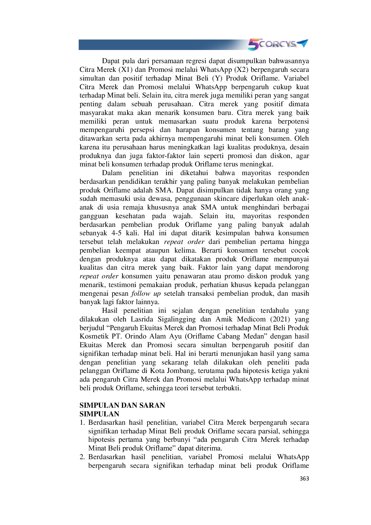 JURIS Pengaruh Citra Merek dan Promosi Melalui WhatsApp Terhadap Minat Beli Produk Oriflame di Kota Jombang