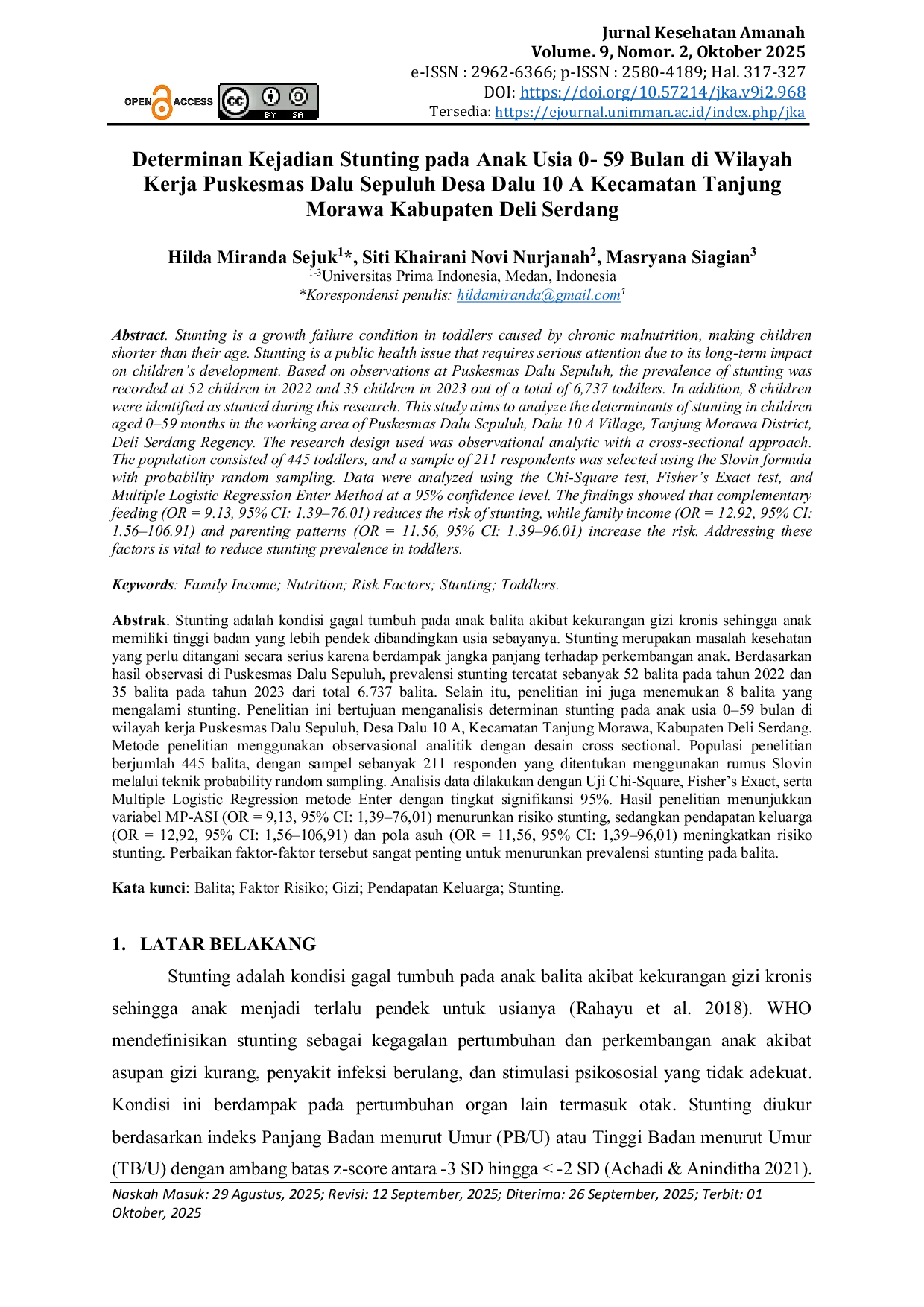 JURIS Determinan Kejadian Stunting pada Anak Usia 0 59 Bulan di Wilayah Kerja Puskesmas Dalu Sepuluh Desa Dalu 10 A Kecamatan Tanjung Morawa Kabupaten Deli Serdang