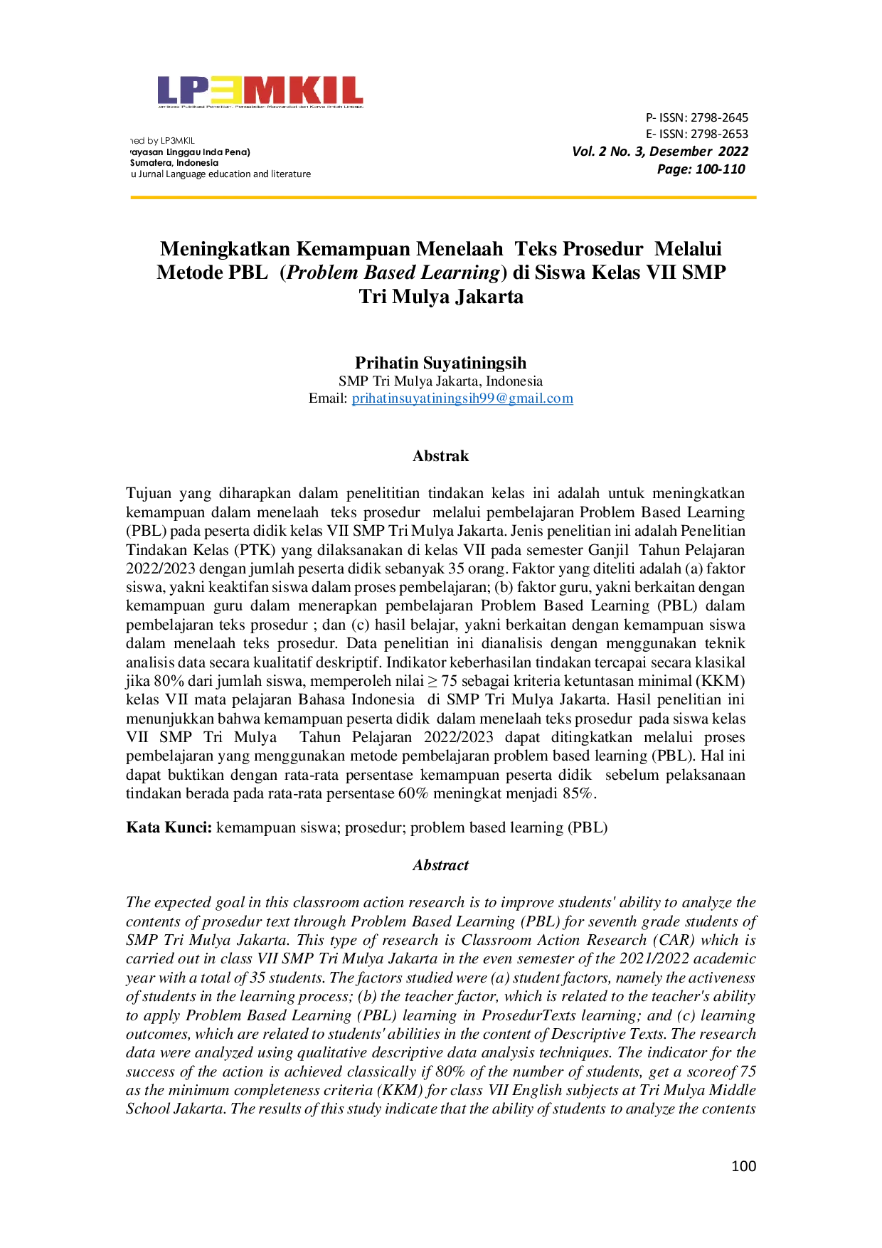 JURIS Meningkatkan Kemampuan Menelaah Teks Prosedur Melalui Metode PBL Problem Based Learning di Siswa Kelas VII SMP Tri Mulya Jakarta
