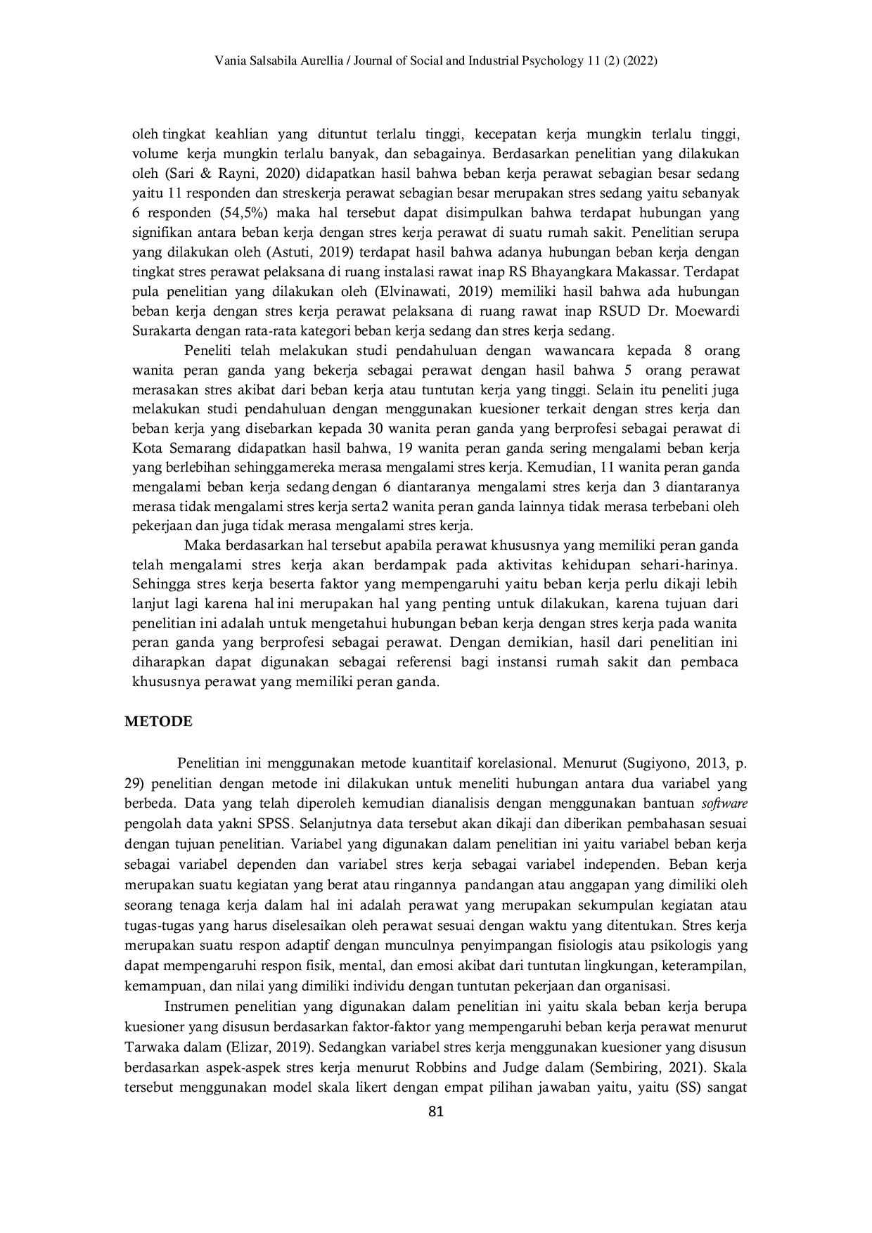 JURIS Hubungan Beban Kerja dengan Stres Kerja Pada Wanita Peran Ganda yang Berprofesi Sebagai Perawat