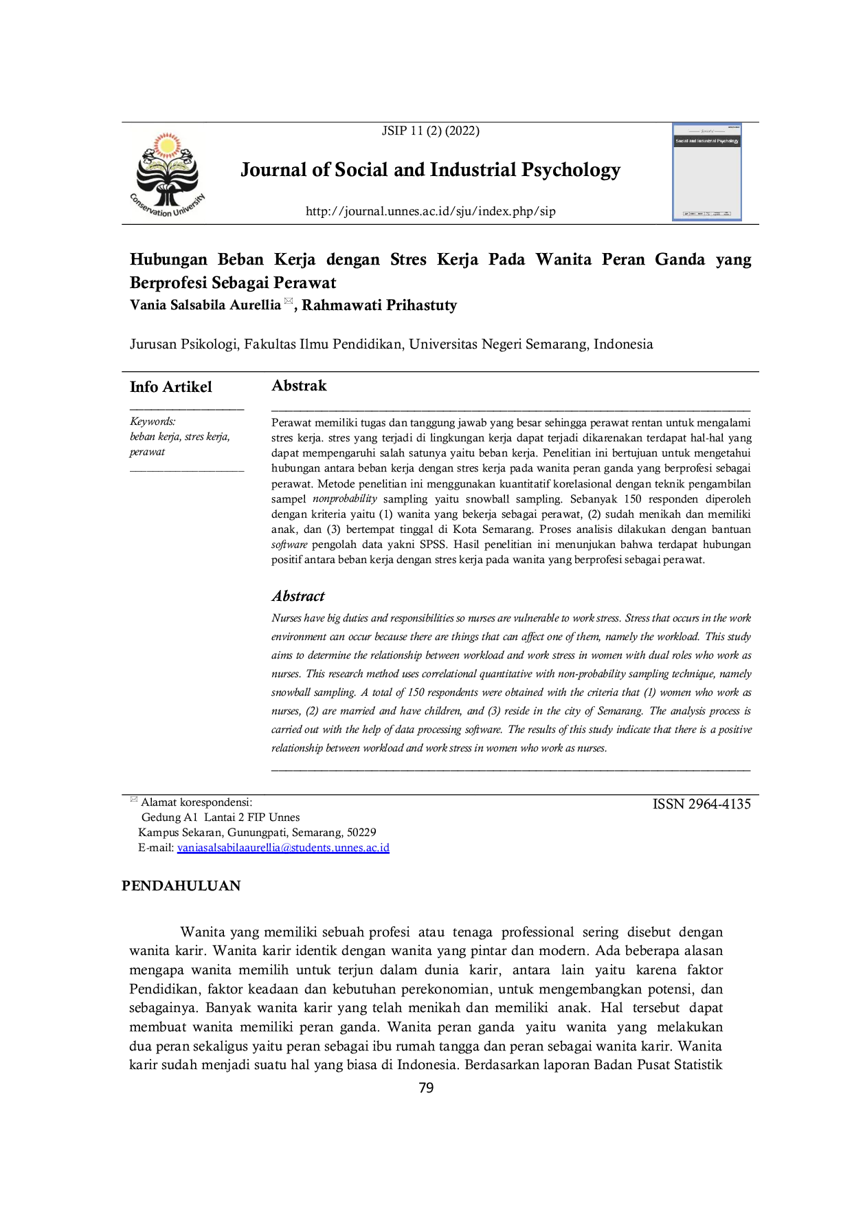 JURIS Hubungan Beban Kerja dengan Stres Kerja Pada Wanita Peran Ganda yang Berprofesi Sebagai Perawat