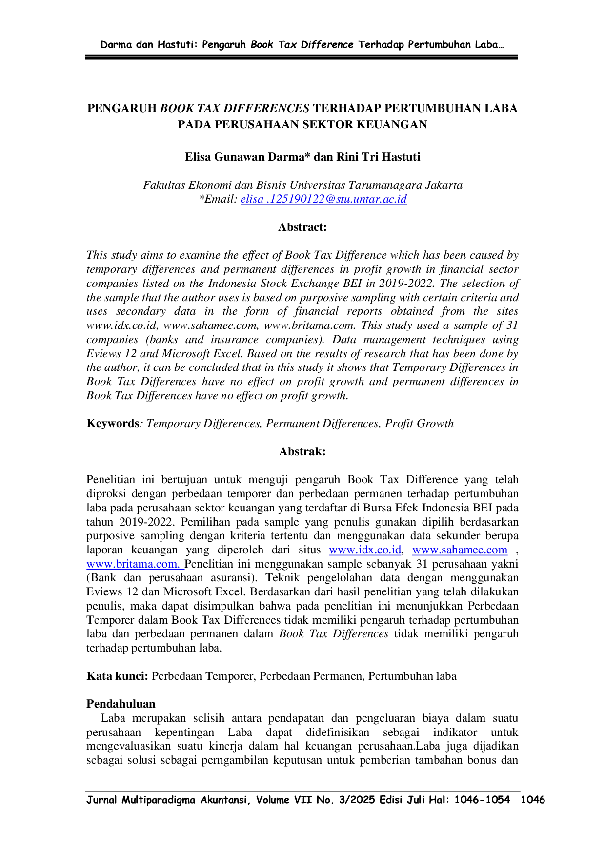 JURIS Pengaruh Book Tax Differences Terhadap Pertumbuhan Laba Pada Perusahaan Sektor Keuangan