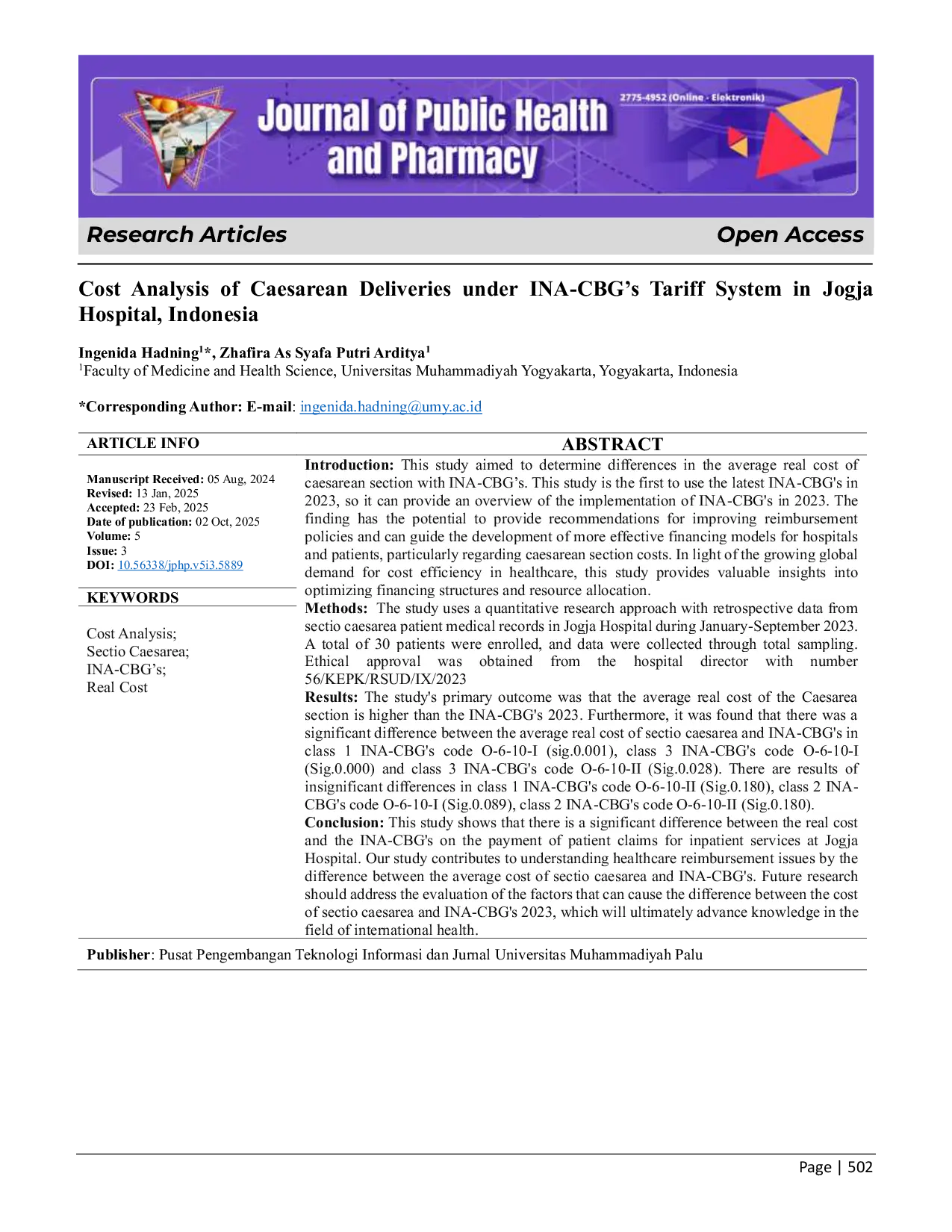 JURIS Cost Analysis of Caesarean Deliveries under INA CBG s Tariff System in Jogja Hospital Indonesia