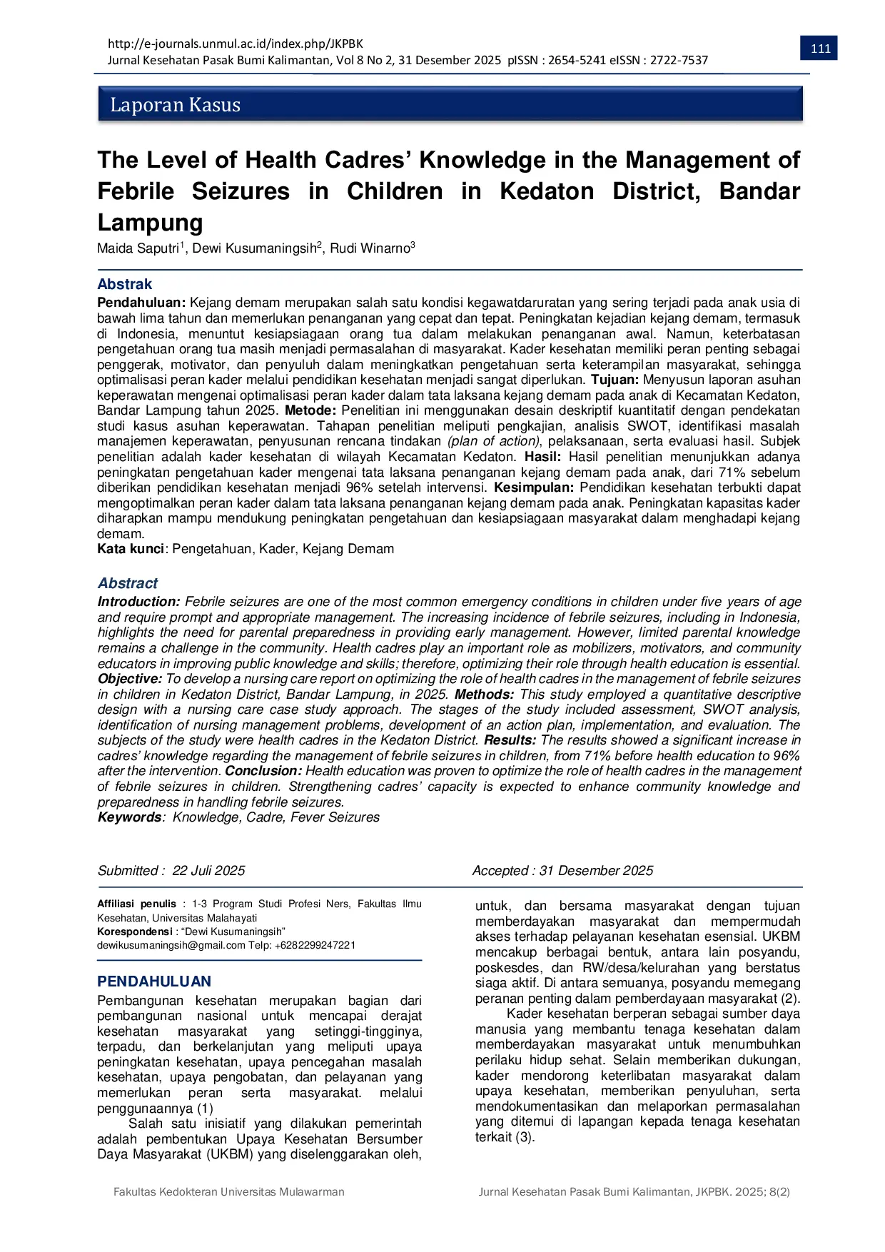 JURIS The Level Of Health Cadres Knowledge In The Management Of Febrile Seizures In Children In Kedaton District Bandar Lampung