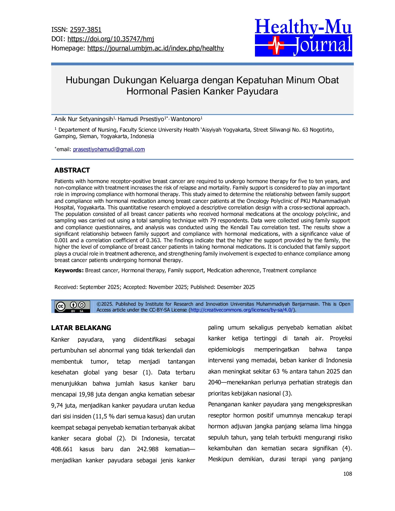 JURIS Hubungan Dukungan Keluarga dengan Kepatuhan Minum Obat Hormonal Pasien Kanker Payudara