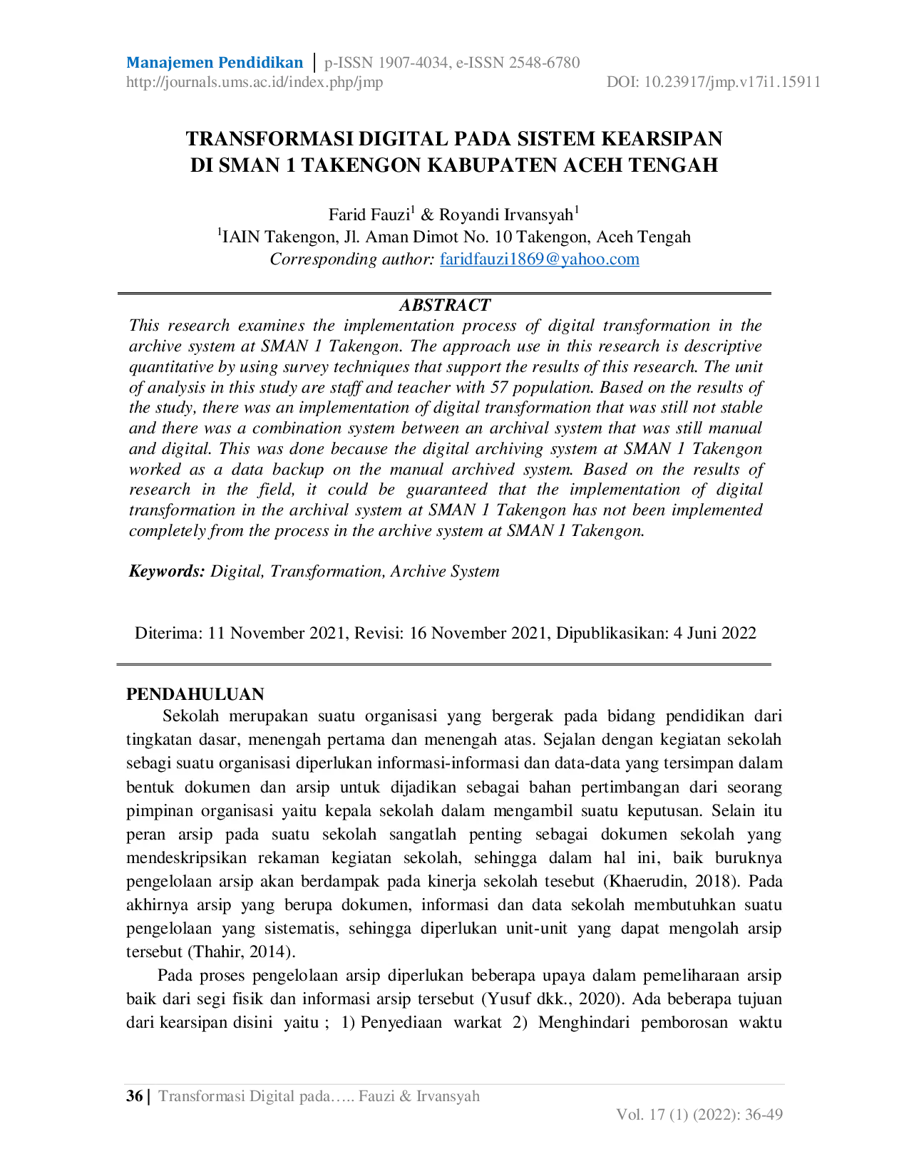 JURIS Transformasi Digital Pada Sistem Kearsipan Di Sman 1 Takengon Kabupaten Aceh Tengah