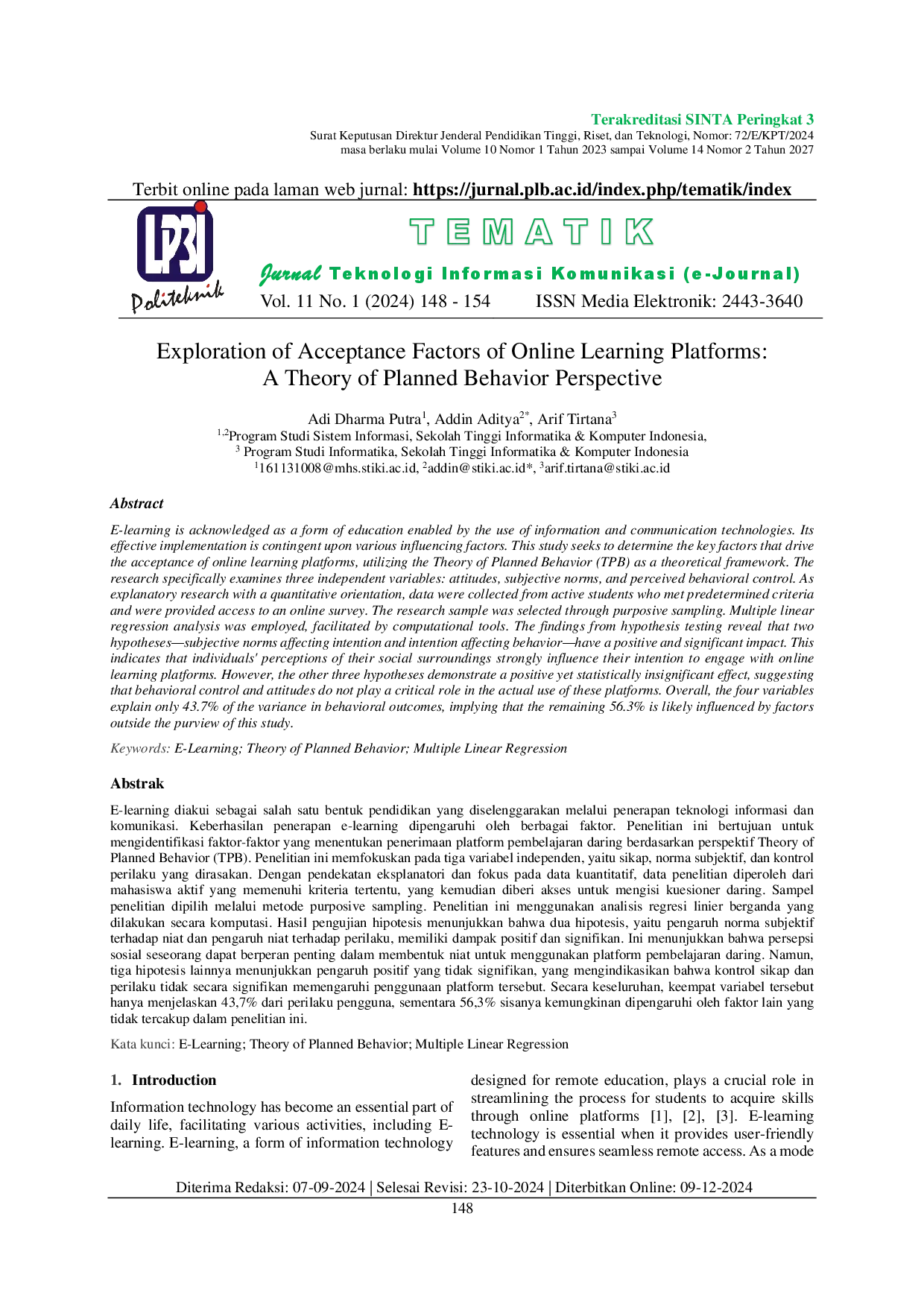juris Exploration of Acceptance Factors of Online Learning Platform A Theory of Planned Behavior Perspective