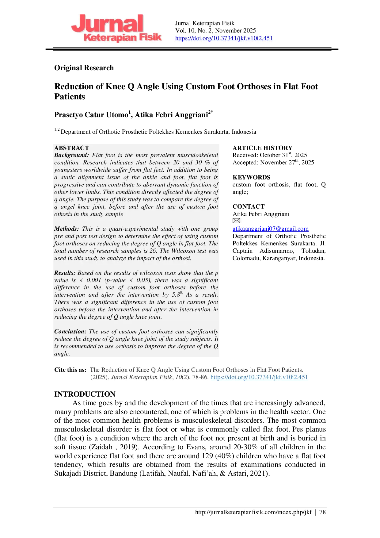 JURIS Reduction of Knee Q Angle Using Custom Foot Orthoses in Flat Foot Patients