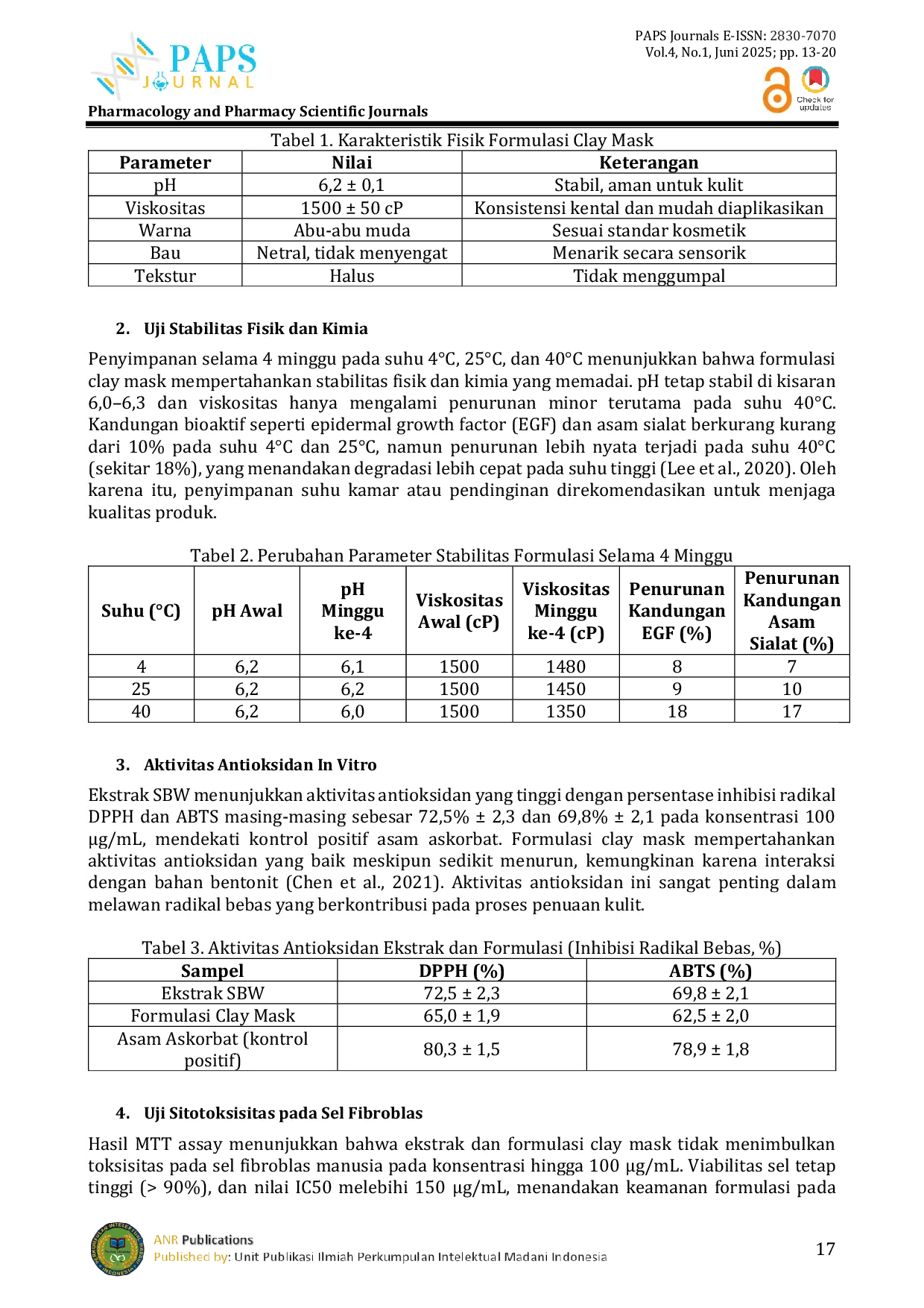JURIS Formulasi dan Uji Stabilitas Fisik Kimia Aktivitas Antioksidan dan Potensi Stimulasi Kolagen dari Clay Mask Berbahan Ekstrak Sarang Burung Walet Collocalia fuciphaga Secara In Vitro