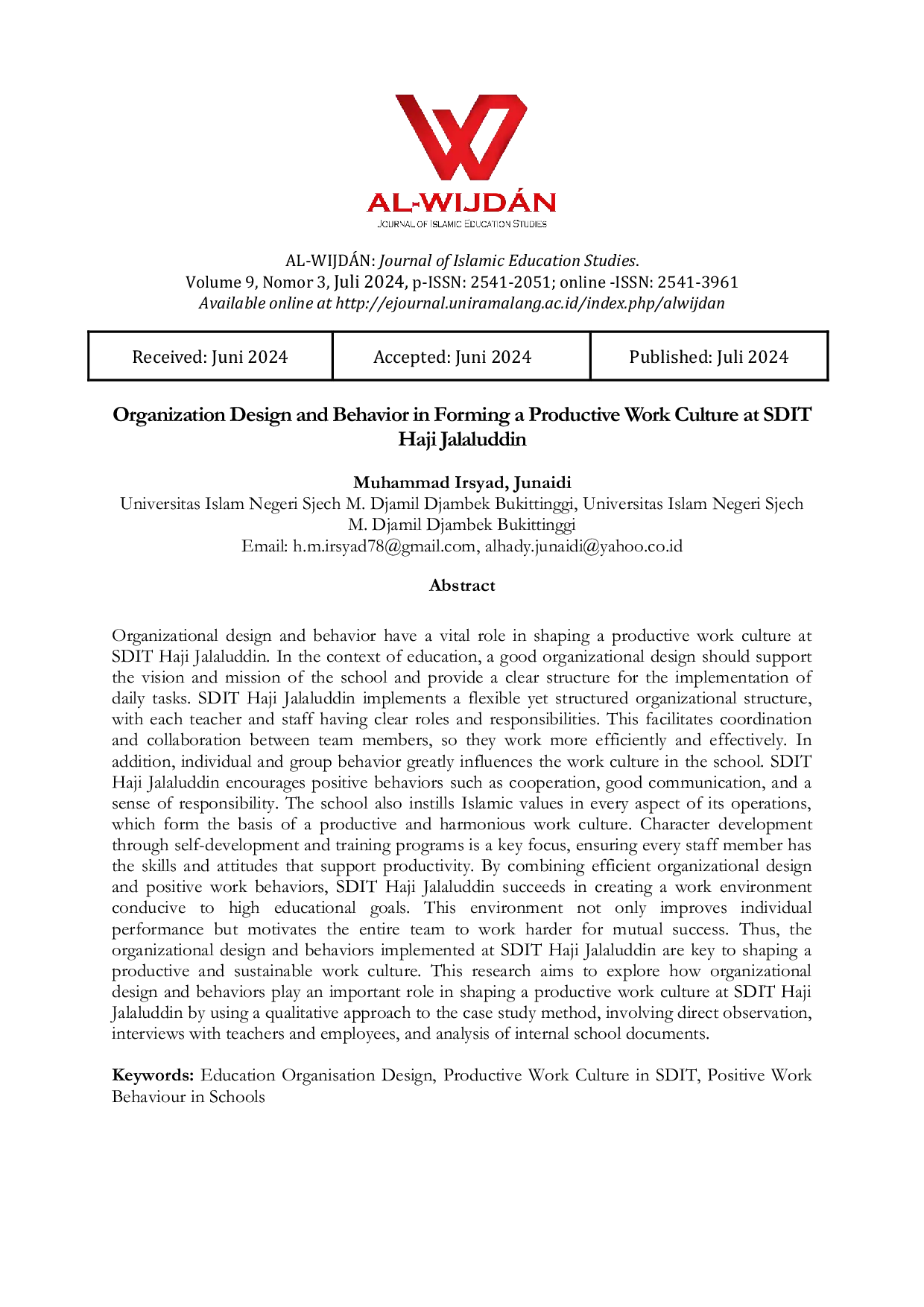 JURIS Organization Design And Behavior In Forming A Productive Work Culture At SDIT Haji Jalaluddin