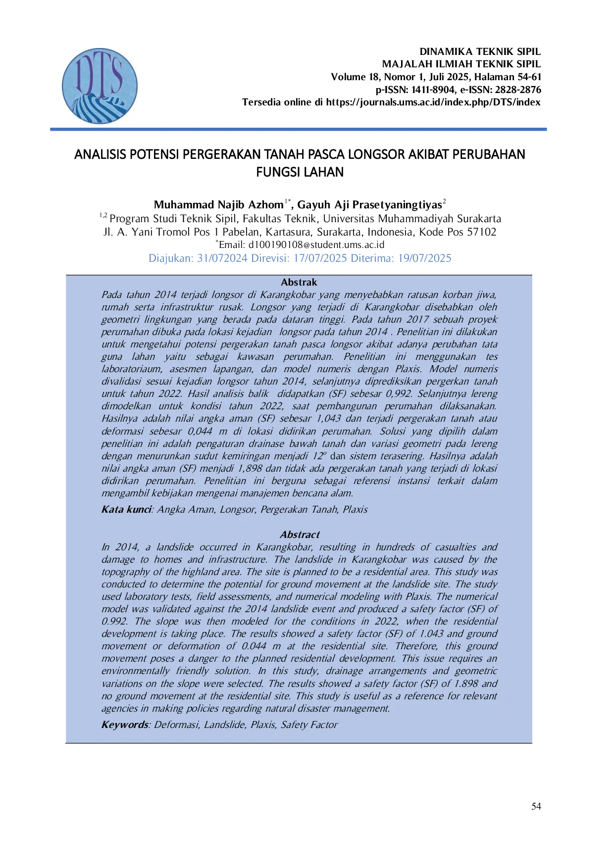 JURIS Analisis Potensi Pergerakan Tanah Pasca Longsor Akibat Perubahan Fungsi Lahan