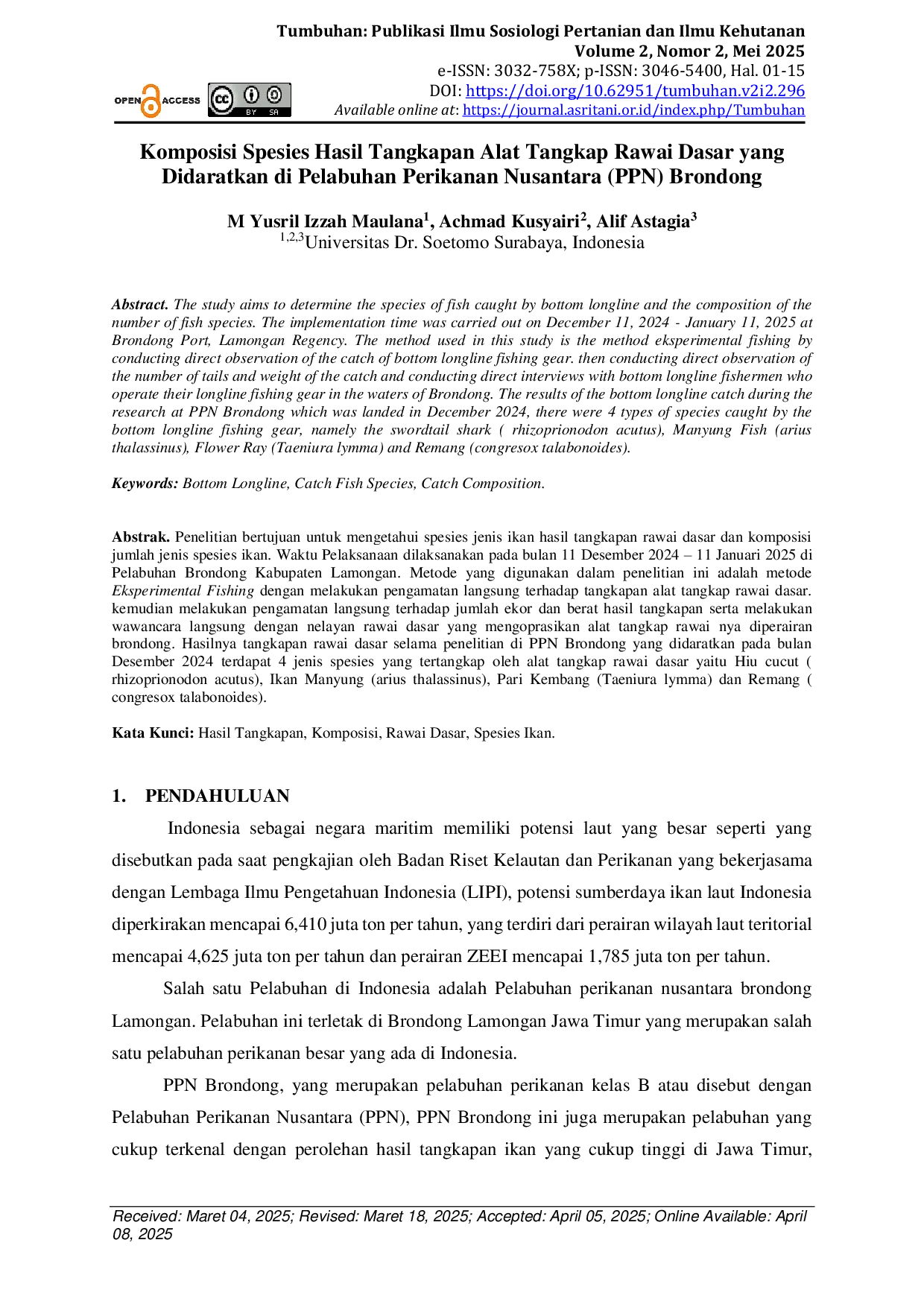 JURIS Komposisi Spesies Hasil Tangkapan Alat Tangkap Rawai Dasar yang Didaratkan di Pelabuhan Perikanan Nusantara PPN Brondong