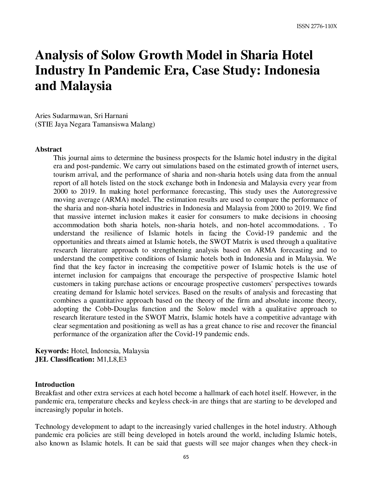 JURIS Analysis of Solow Growth Model in Sharia Hotel Industry In Pandemic Era Case Study Indonesia and Malaysia