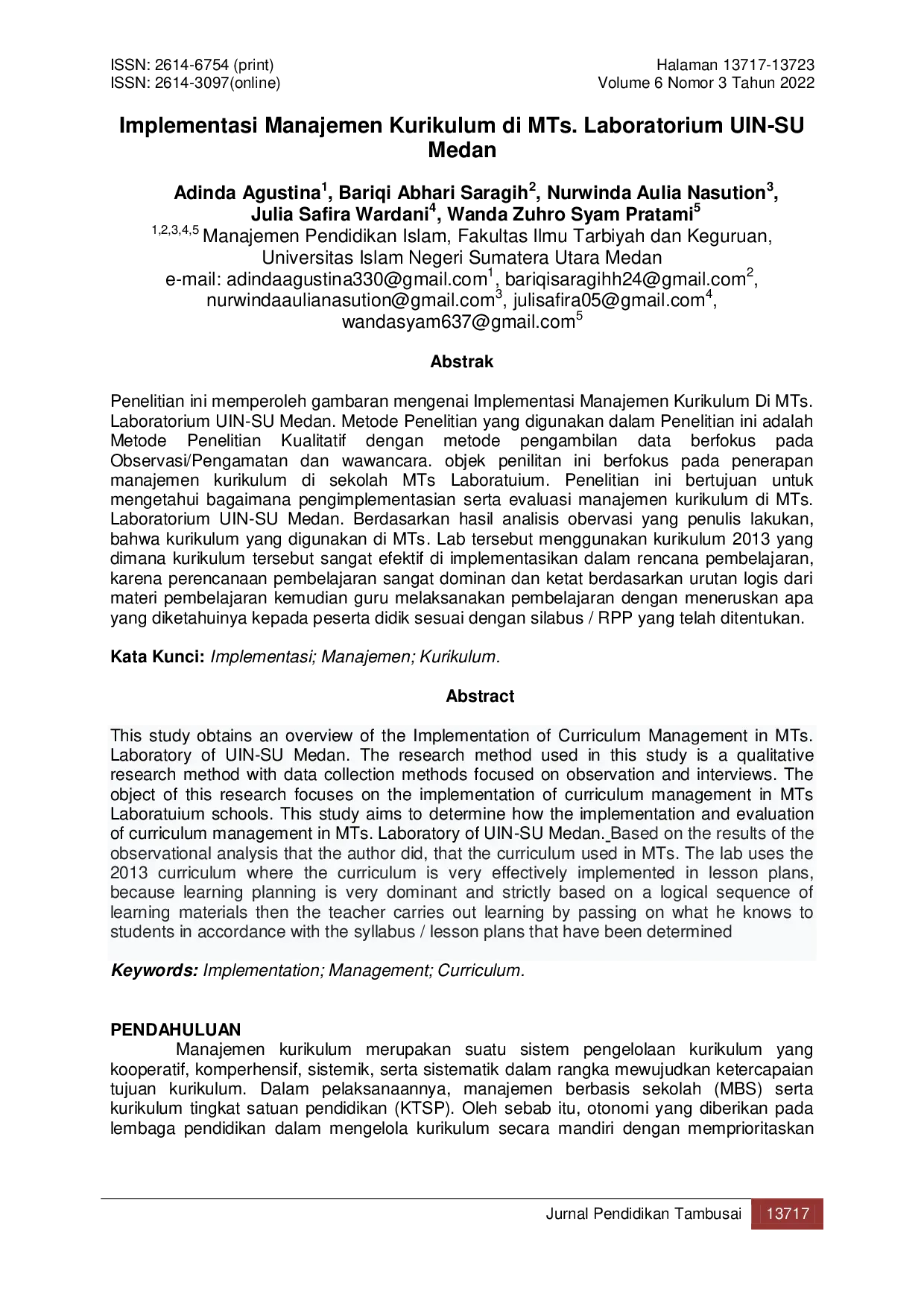 JURIS Implementasi Manajemen Kurikulum di MTs Laboratorium UIN SU Medan