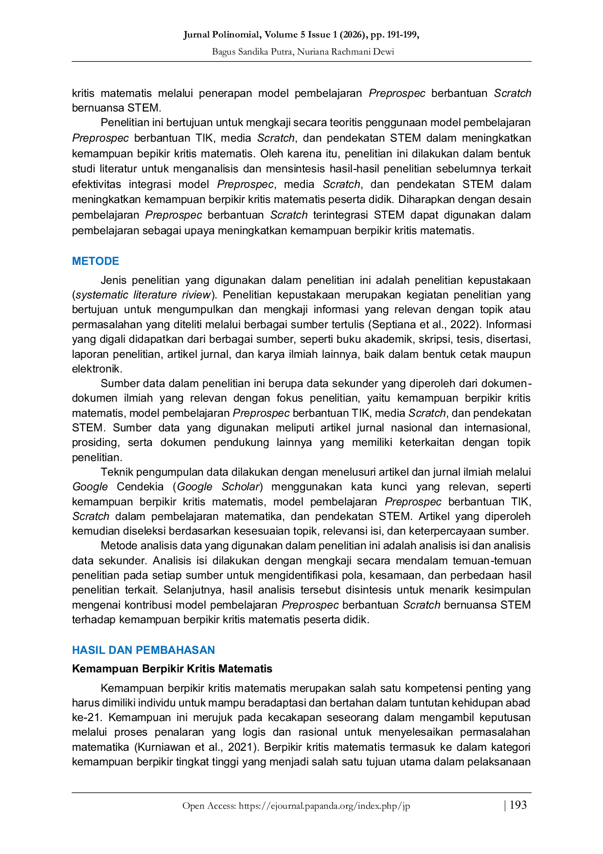 JURIS Studi Literatur Kemampuan Berpikir Kritis Matematis Melalui Model Pembelajaran Preprospec Berbantuan Scratch Bernuansa STEM