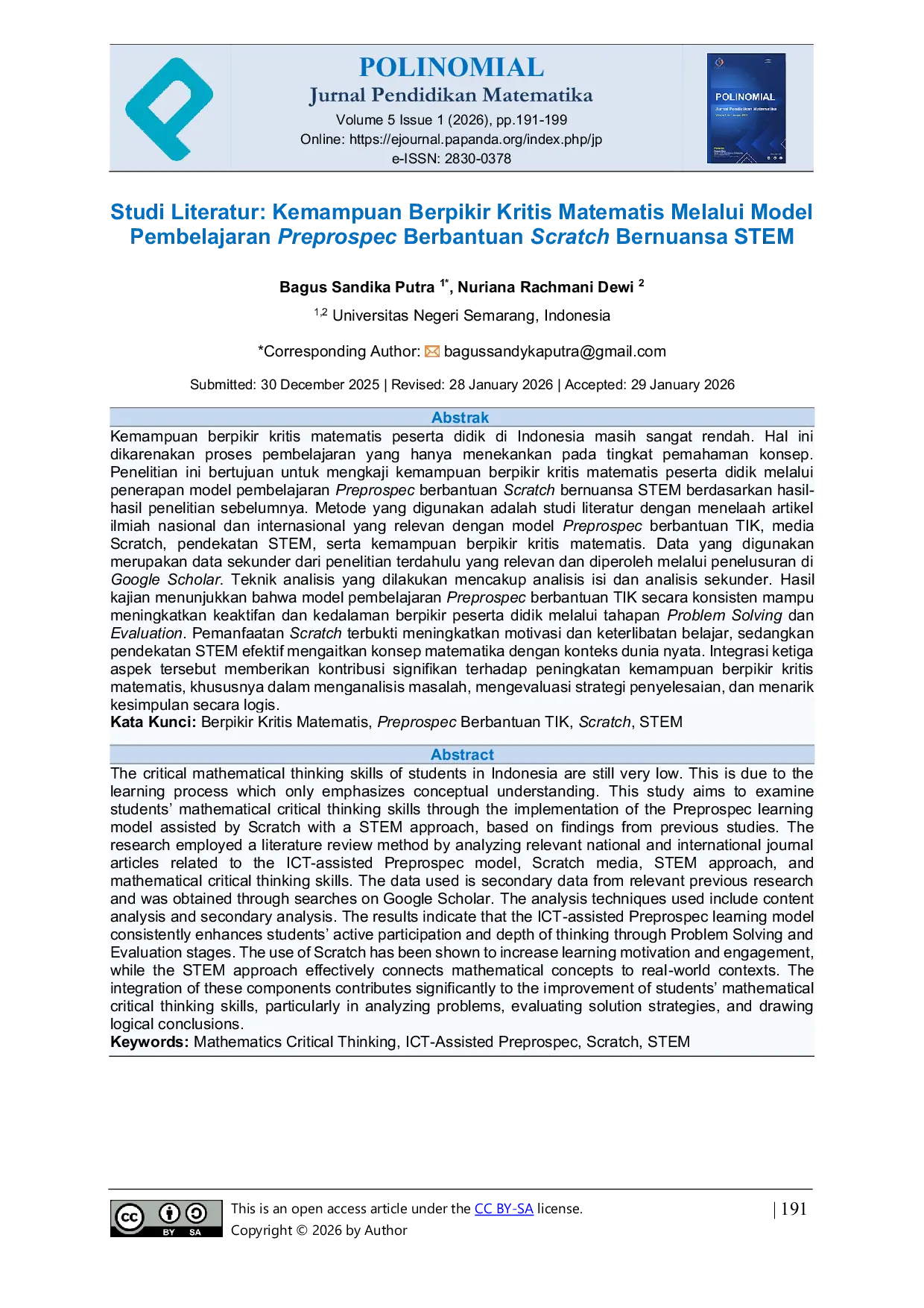 JURIS Studi Literatur Kemampuan Berpikir Kritis Matematis Melalui Model Pembelajaran Preprospec Berbantuan Scratch Bernuansa STEM