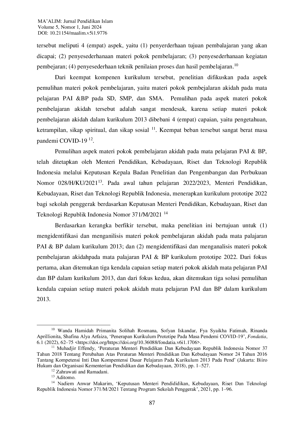 JURIS Analisis Perbedaan Materi Pokok Pembelajaran Akidah pada Kurikulum 2013 dan Kurikulum Prototipe 2022