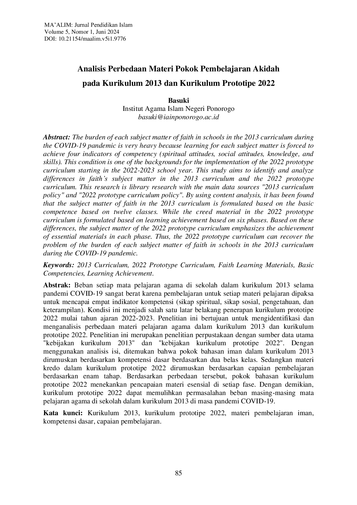 JURIS Analisis Perbedaan Materi Pokok Pembelajaran Akidah pada Kurikulum 2013 dan Kurikulum Prototipe 2022