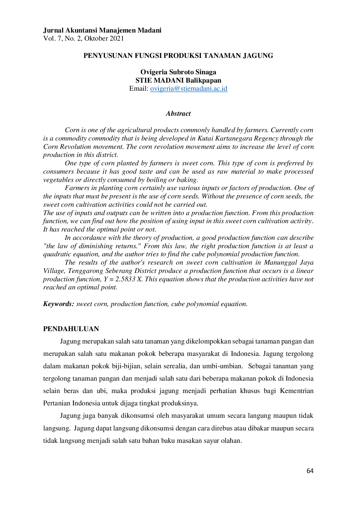 JURIS Penyusunan Fungsi Produksi Tanaman Jagung