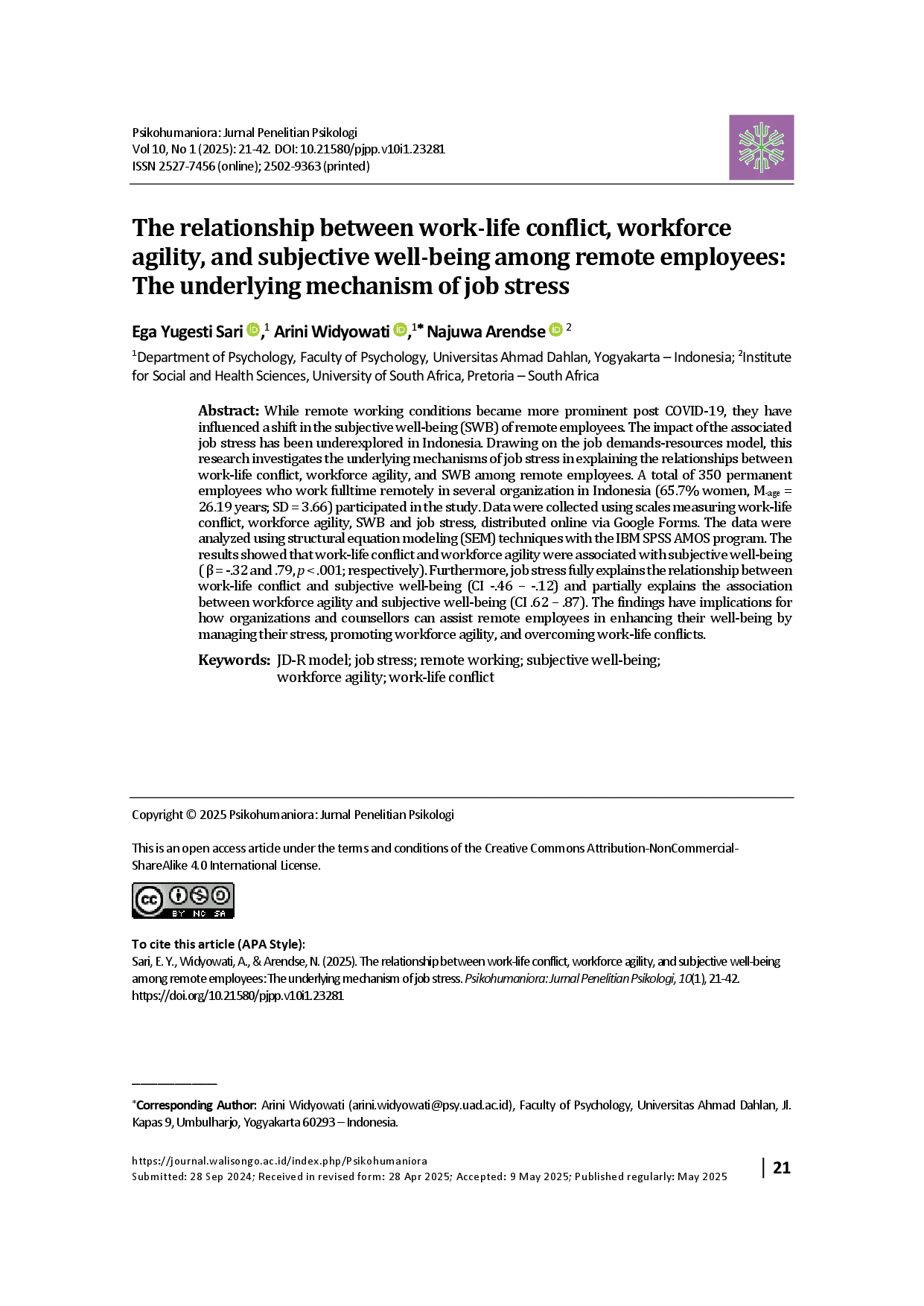 juris The relationship between work life conflict workforce agility and subjective well being among remote employees The underlying mechanism of job stress