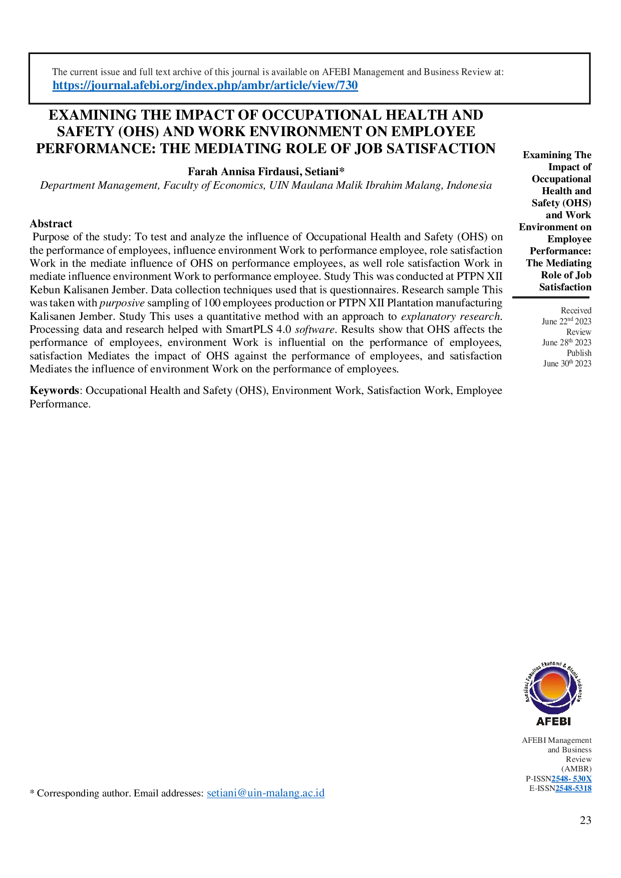 juris Examining the Impact of Occupational Health and Safety OHS and Work Environment on Employee Performance The Mediating Role of Job Satisfaction
