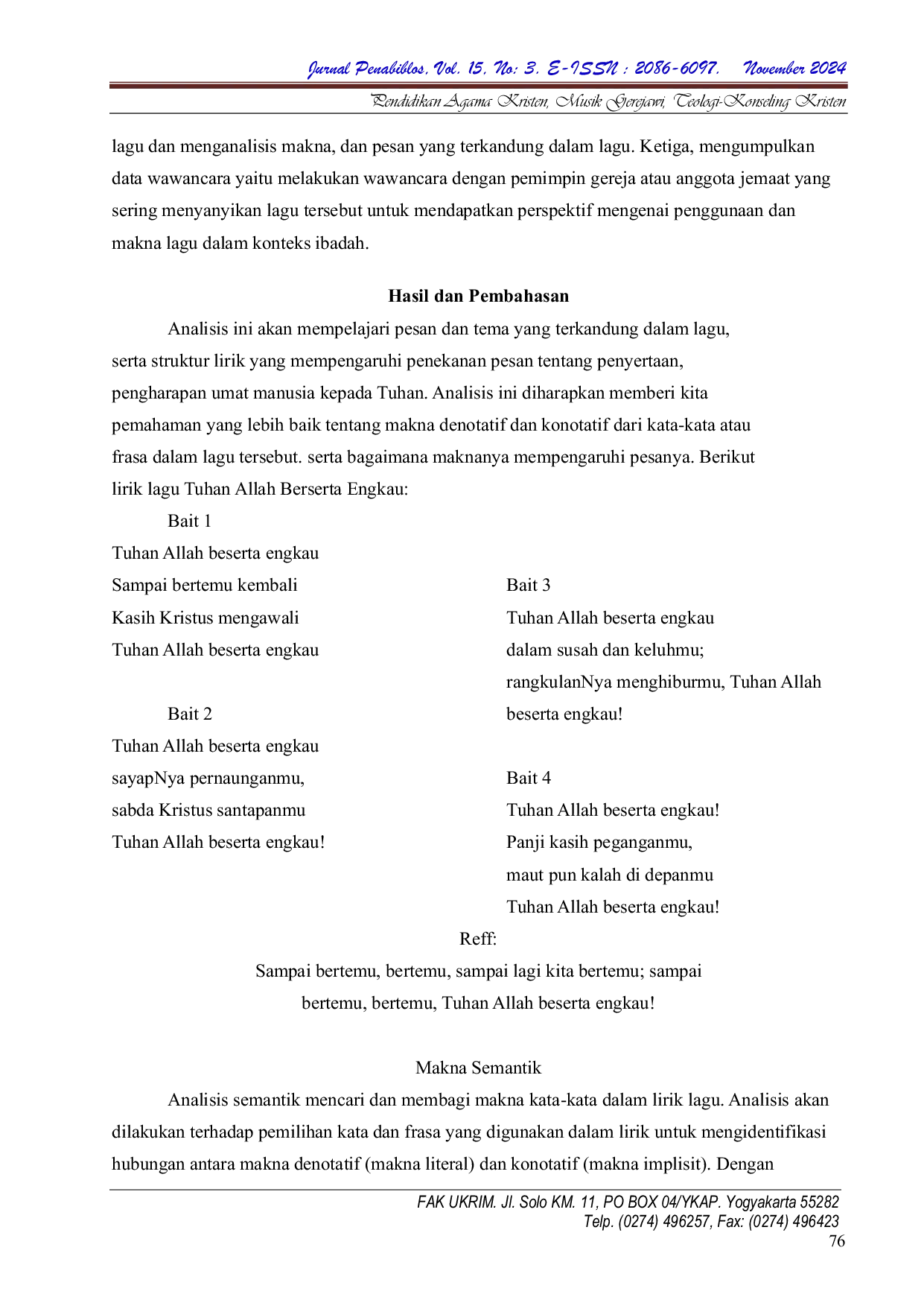 JURIS Makna Lirik Lagu Tuhan Allah Beserta Engkau Dalam Bentuk Kajian Semantik