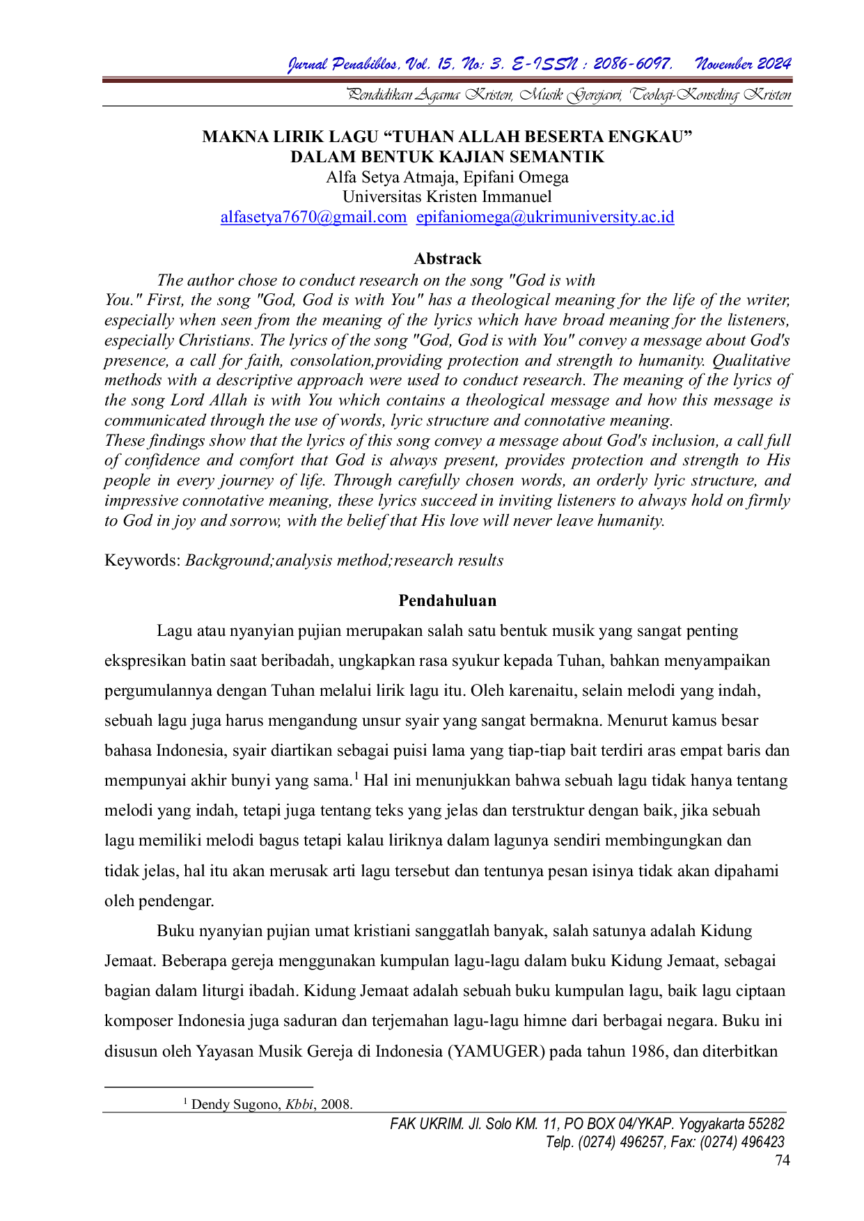 JURIS Makna Lirik Lagu Tuhan Allah Beserta Engkau Dalam Bentuk Kajian Semantik
