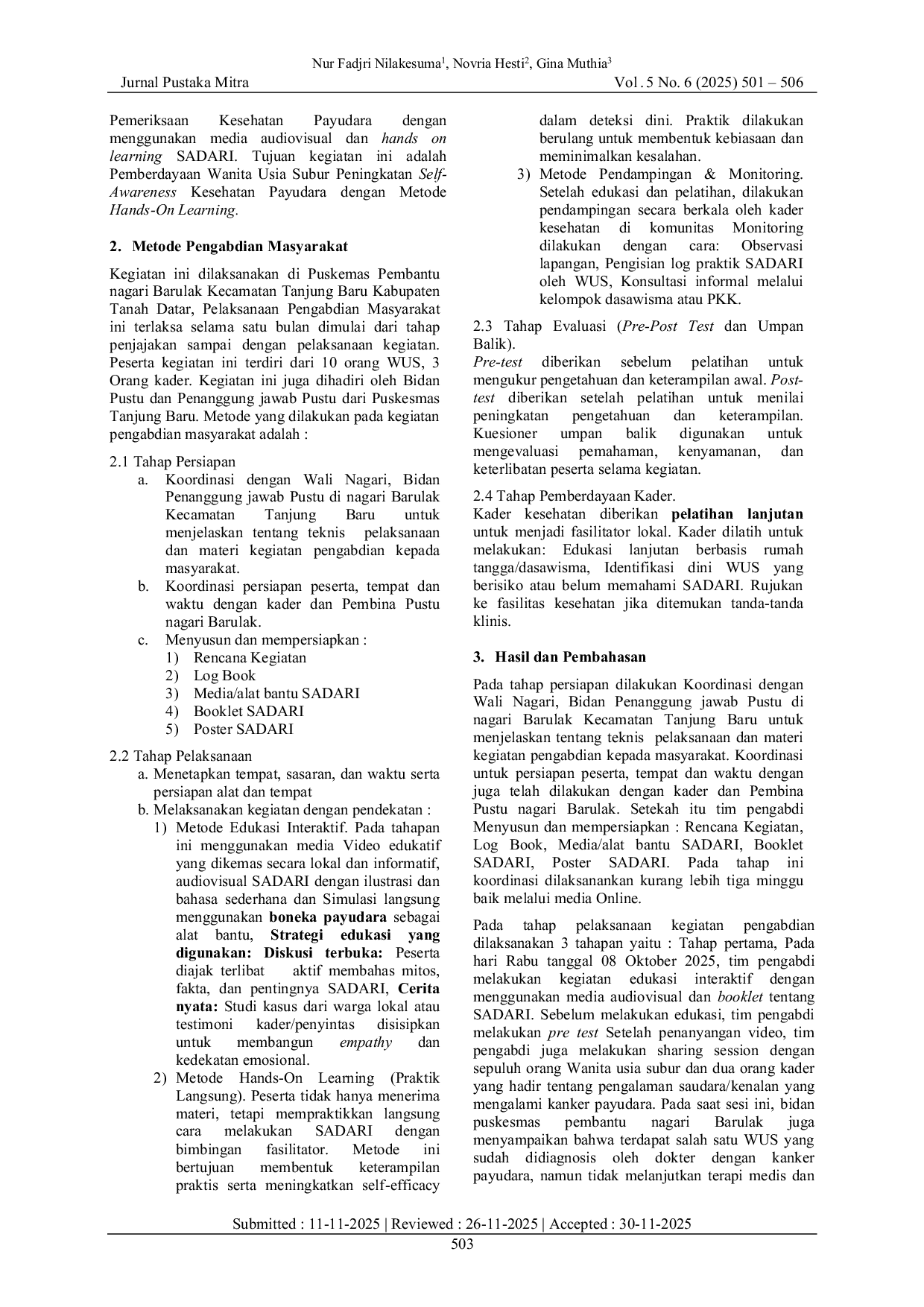 JURIS Pemberdayaan Wanita Usia Subur dalam Peningkatan Self Awareness Kesehatan Payudara dengan Metode Hands On Learning