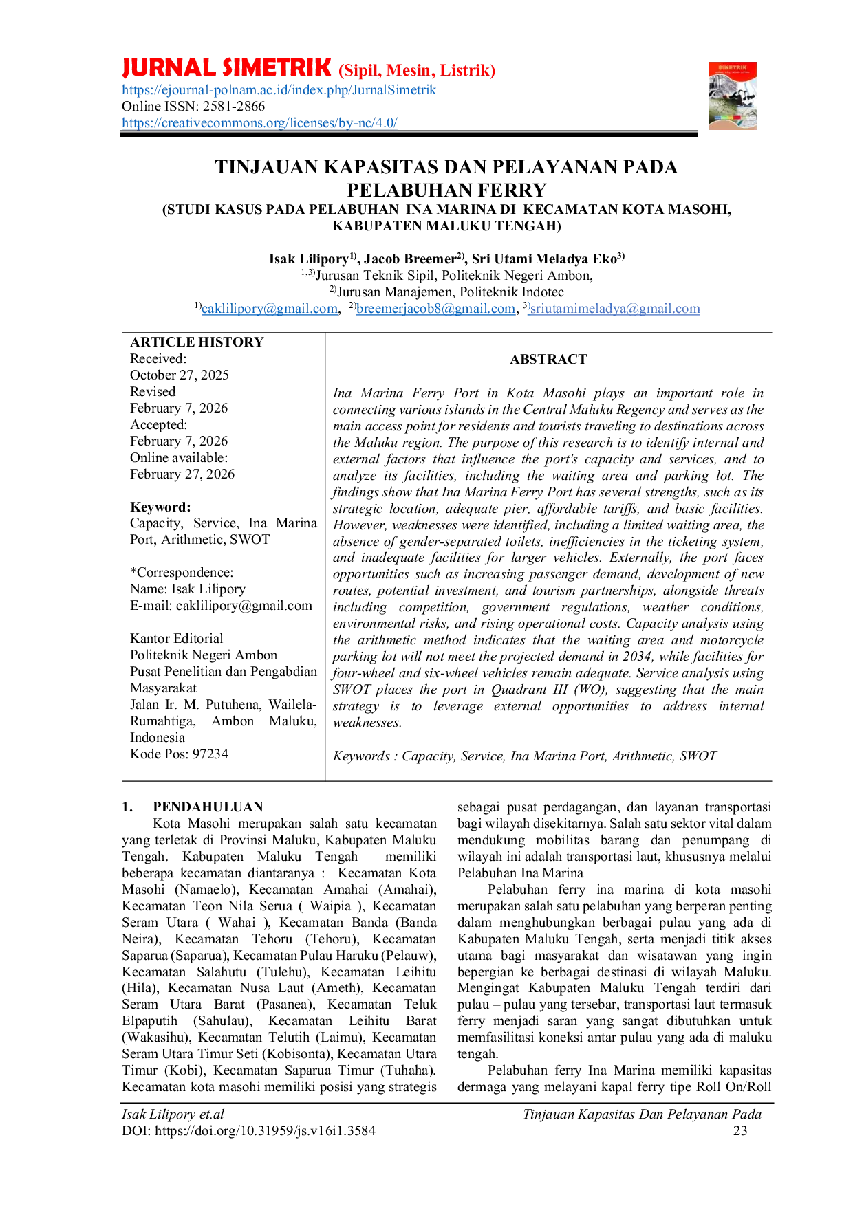 JURIS Tinjauan Kapasitas Dan Pelayanan Pada Pelabuhan Ferry Studi Kasus Pada Pelabuhan Ina Marina Di Kecamatan Kota Masohi Kabupaten Maluku Tengah