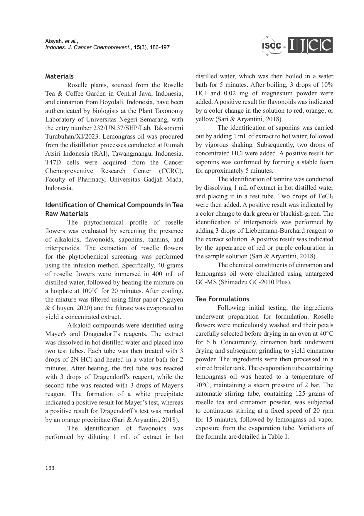 JURIS Cytotoxic Effects of Cinnamon Powder and Lemongrass Oil Enriched Roselle Tea on T47D Breast Cancer Cells