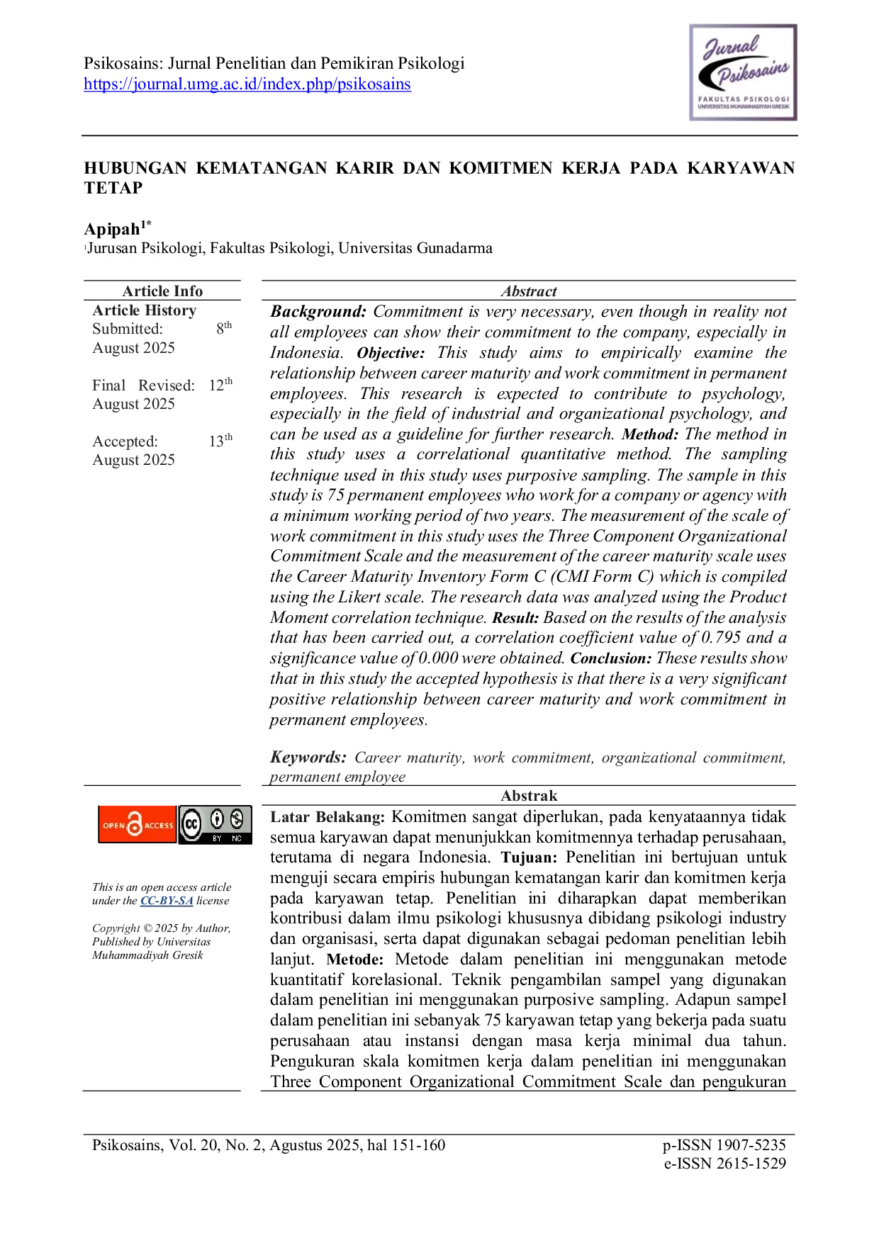 JURIS Hubungan Kematangan Karir Dan Komitmen Kerja Pada Karyawan Tetap