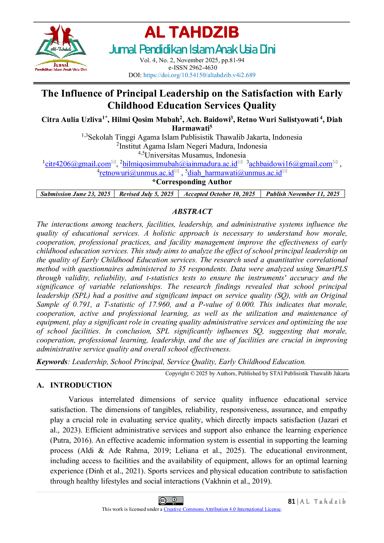 JURIS Pengaruh Kepemimpinan Kepala Sekolah Terhadap Kepuasan Terhadap Kualitas Pelayanan Pendidikan Anak Usia Dini