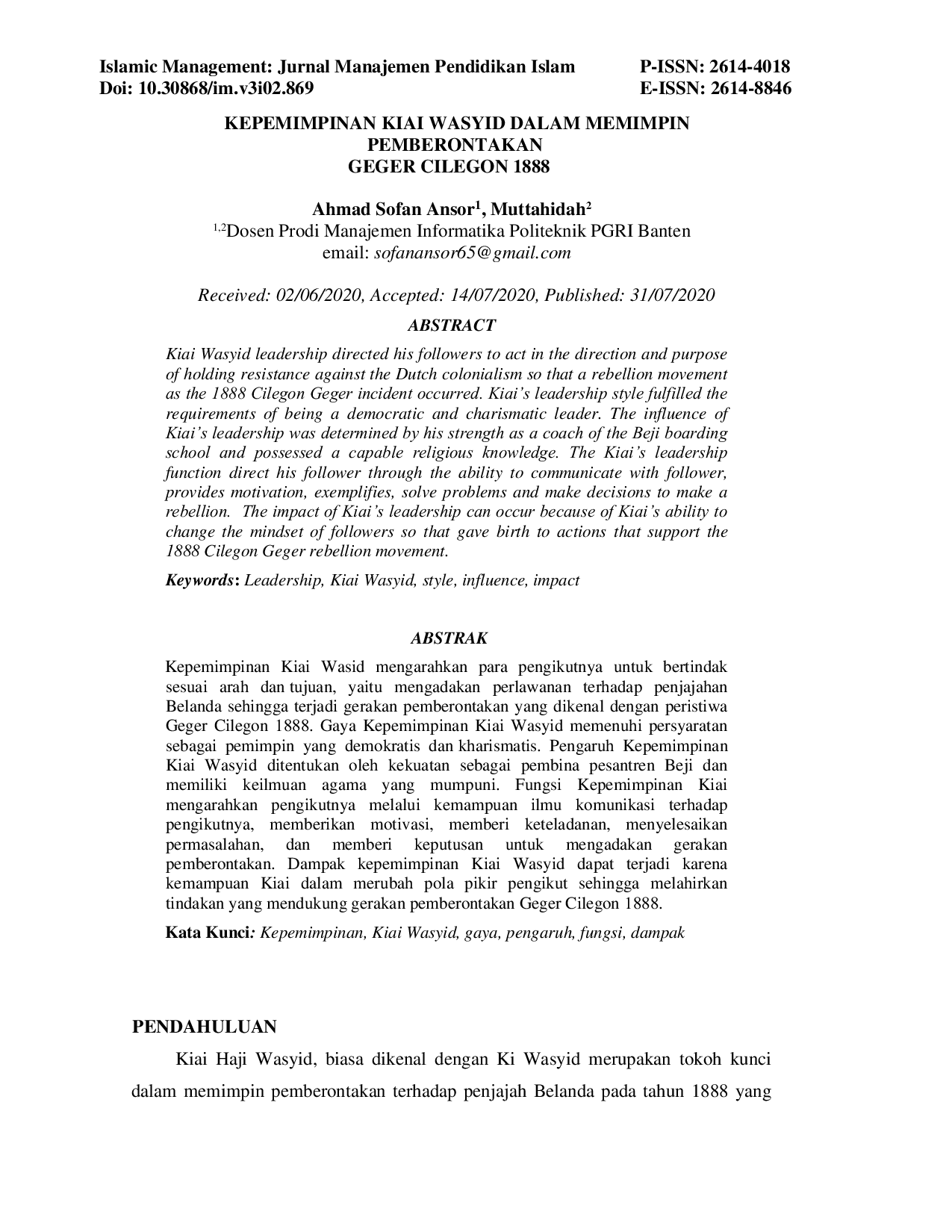 JURIS Kepemimpinan Kiai Wasyid dalam Memimpin Pemberontakan Geger Cilegon 1888