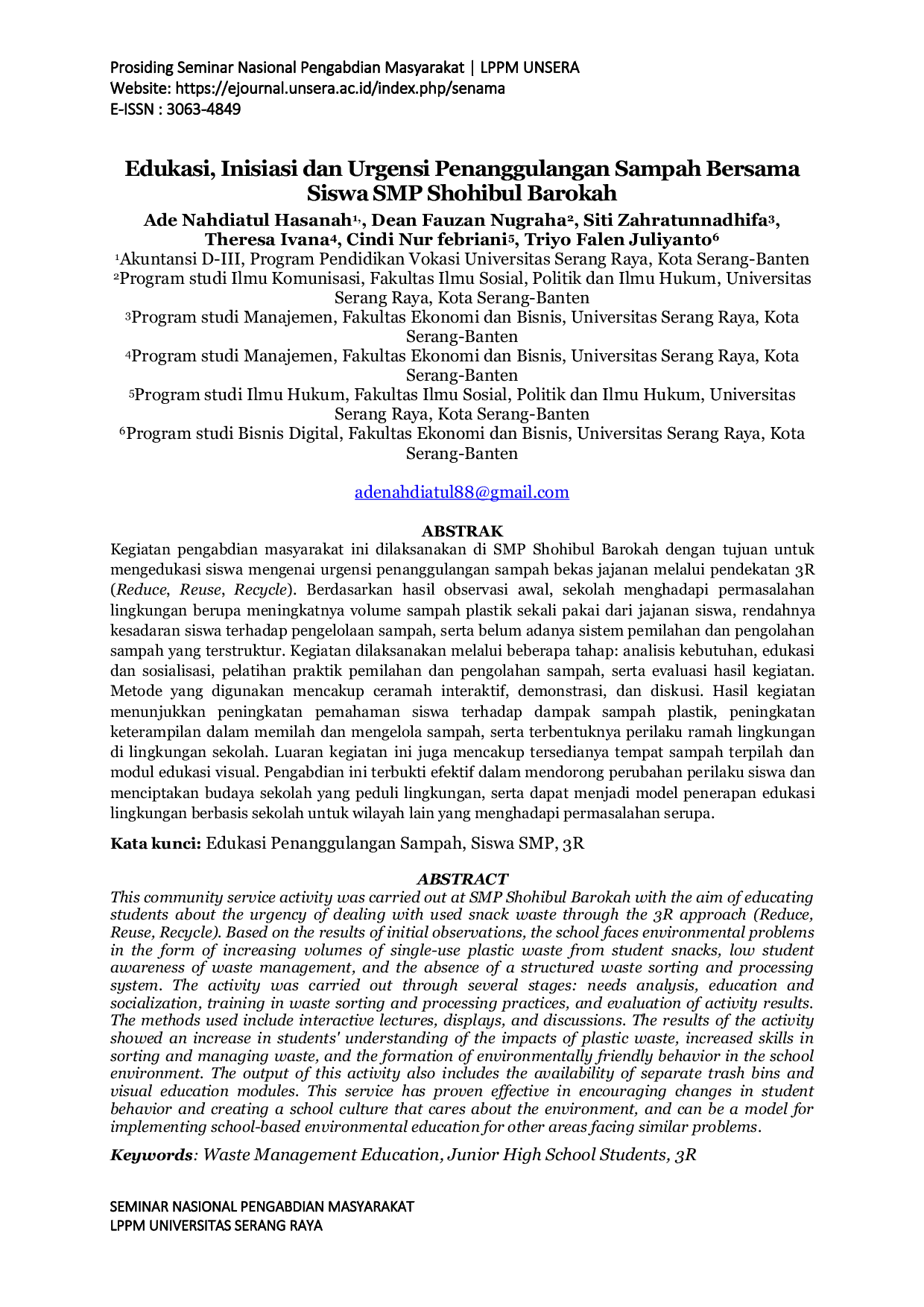 JURIS Edukasi Inisiasi dan Urgensi Penanggulangan Sampah Bersama Siswa SMP Shohibul Barokah