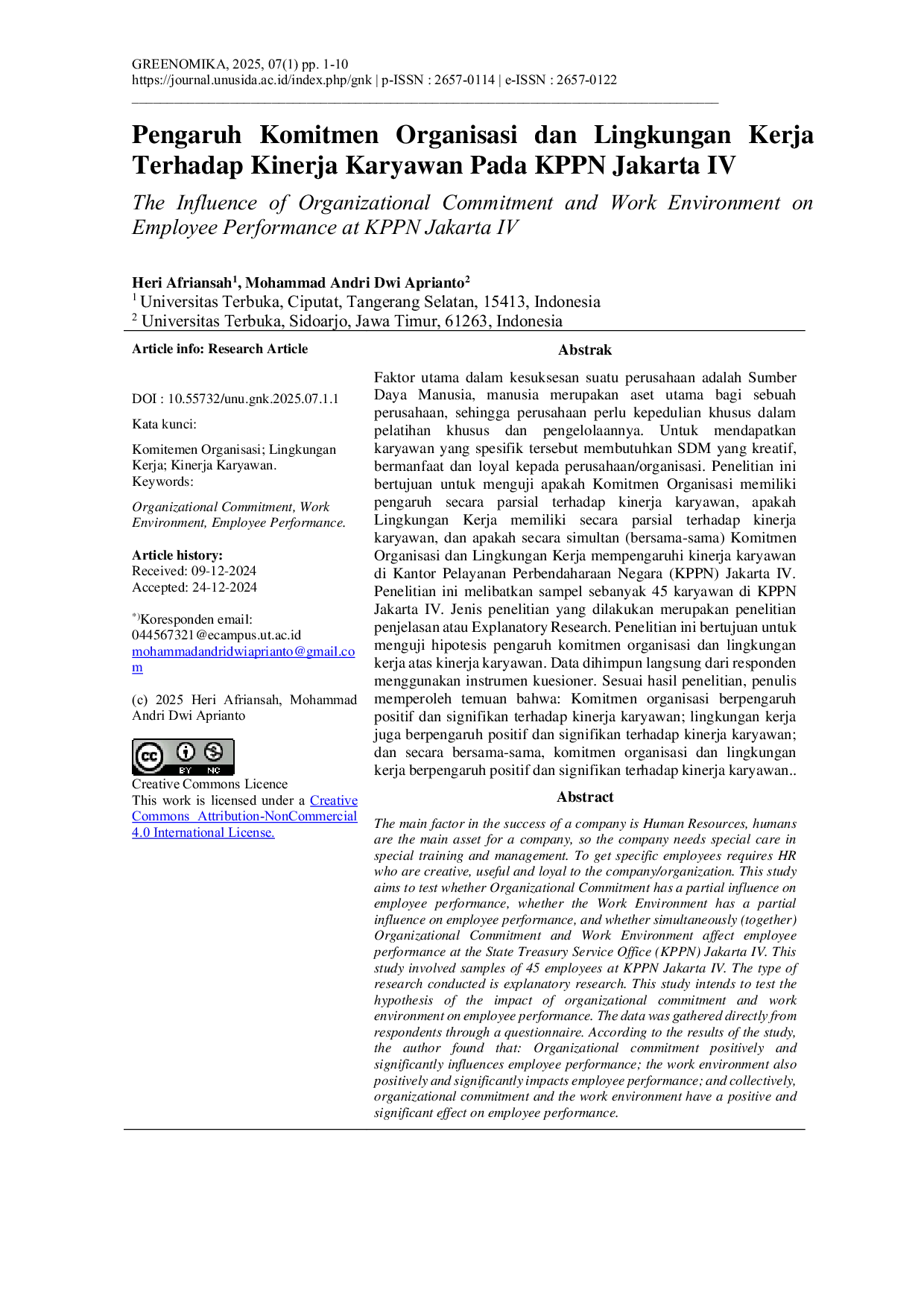 JURIS The Influence of Organizational Commitment and Work Environment on Employee Performance at KPPN Jakarta IV